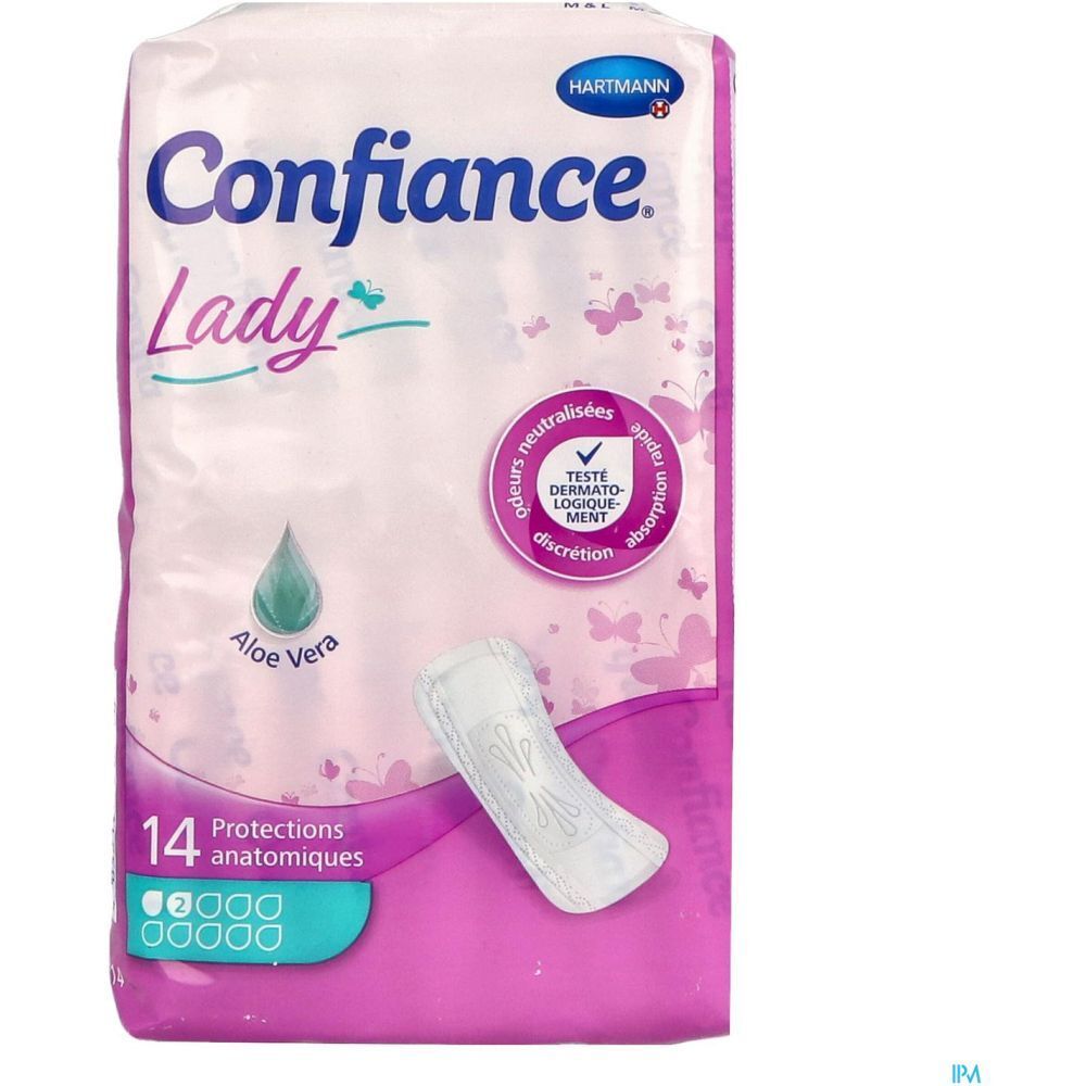 Paquet de 14 protections anatomiques Confiance Lady. Avec Aloe Vera. Testé dermatologiquement.