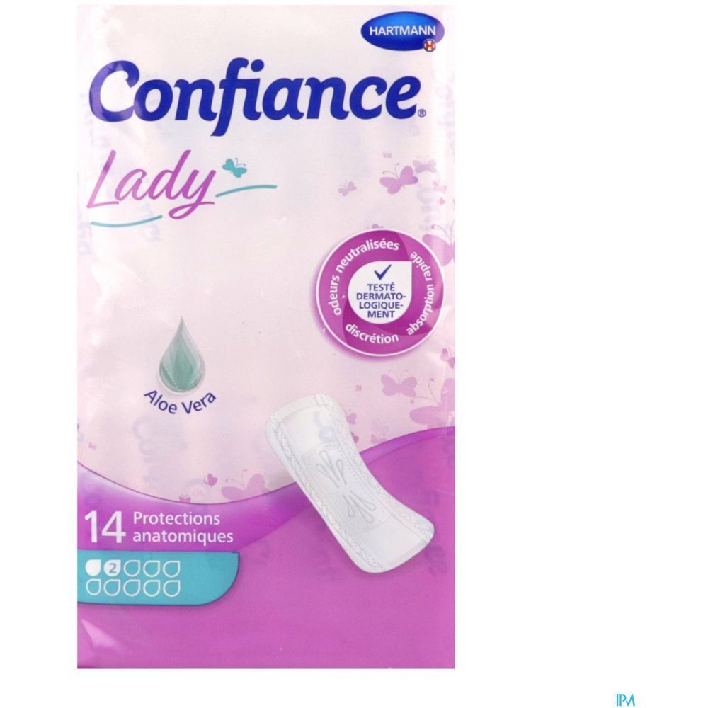 Paquet de 14 protections anatomiques Confiance Lady. Avec Aloe Vera. Testé dermatologiquement.