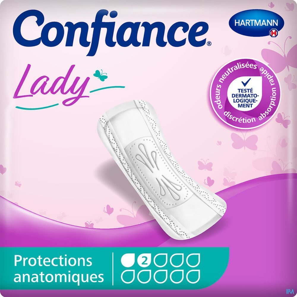 Paquet de protections anatomiques Confiance Lady. Testé dermatologiquement. Absorption rapide.