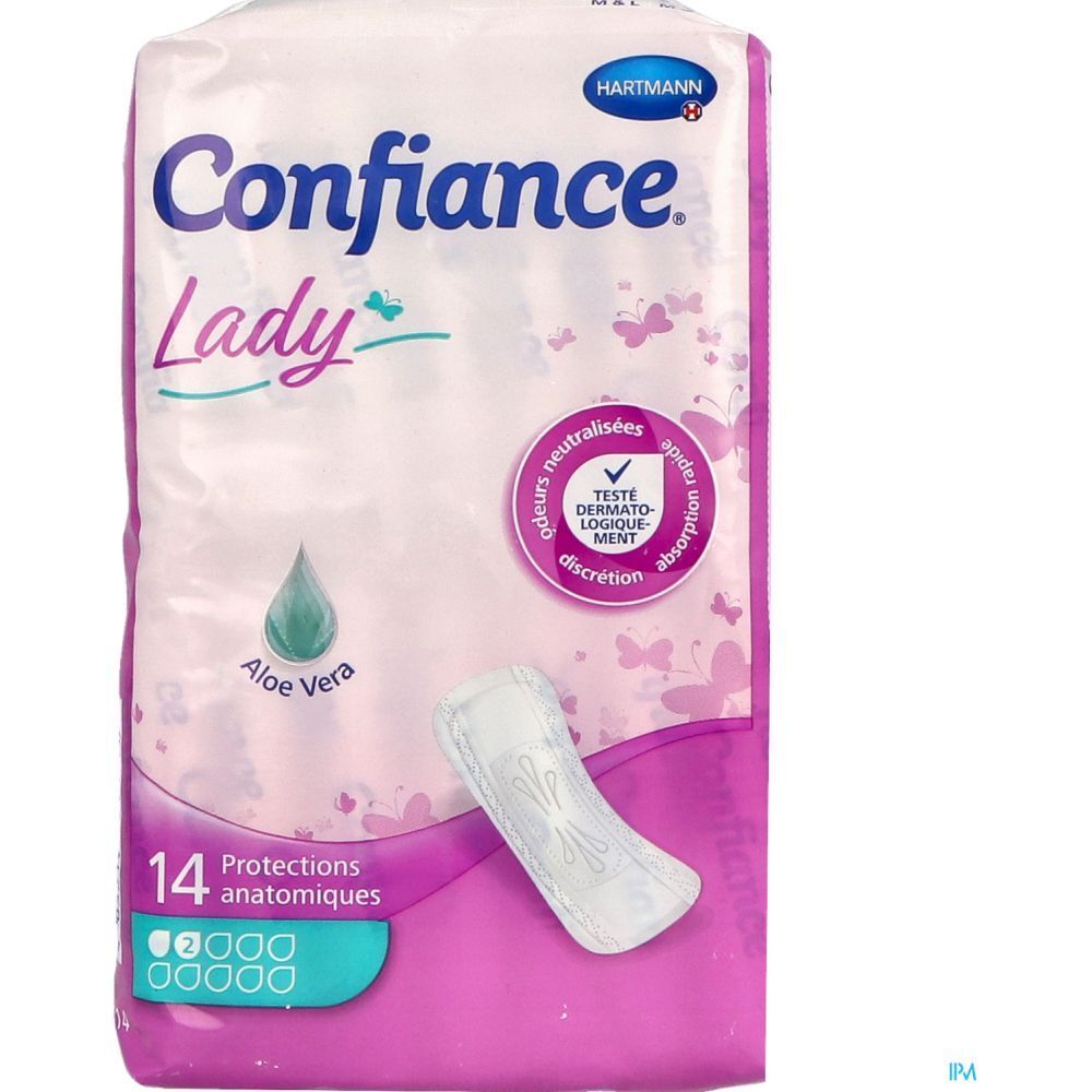 Paquet de 14 protections anatomiques Confiance Lady. Avec Aloe Vera. Testé dermatologiquement.