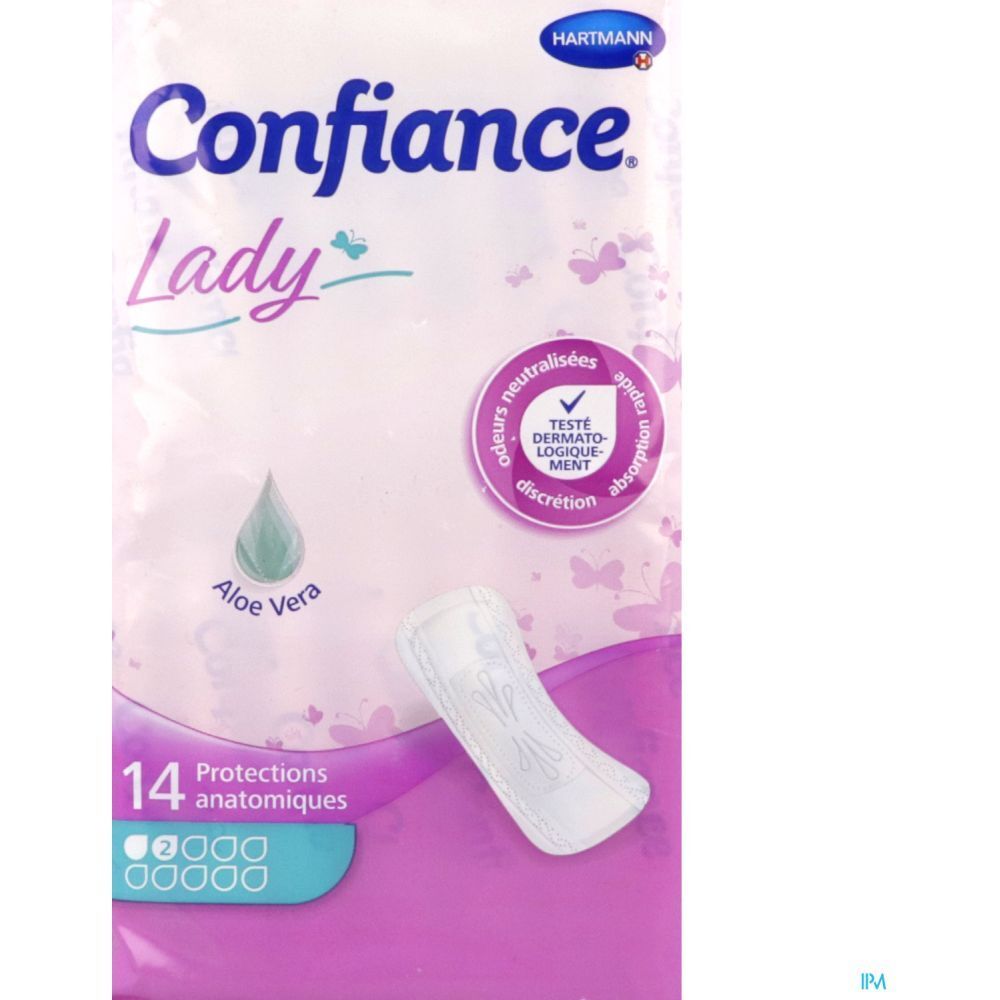 Paquet de 14 protections anatomiques Confiance Lady. Avec Aloe Vera. Testé dermatologiquement.