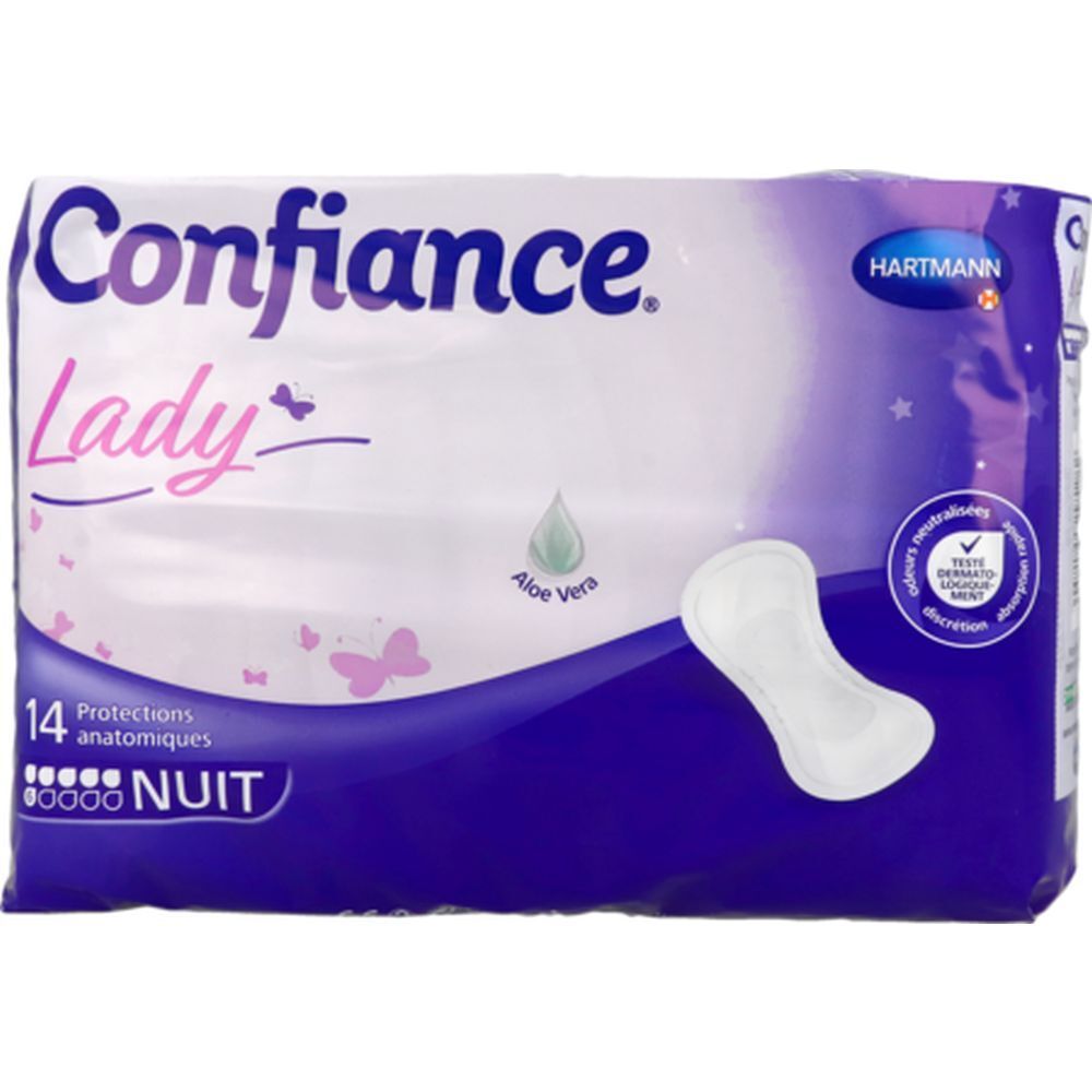 Paquet de protections anatomiques. Confiance Lady. Protection nuit. 14 unités. Avec Aloe Vera.