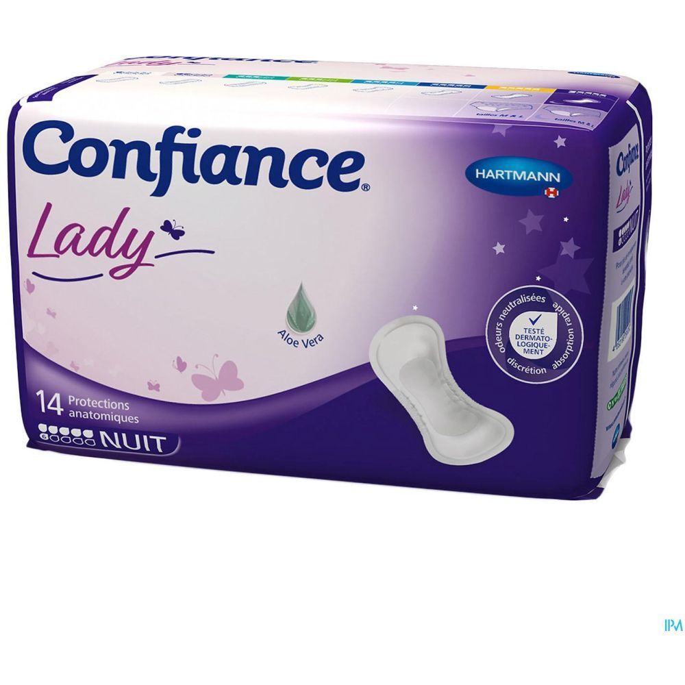Paquet de protections anatomiques. Confiance Lady. Protection nuit. 14 unités. Avec Aloe Vera.