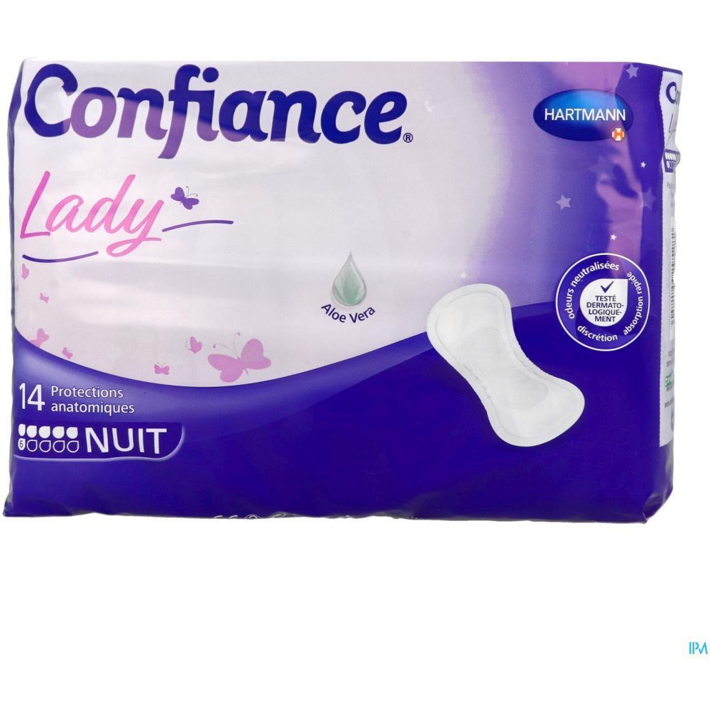 Paquet de protections anatomiques. Confiance Lady. Protection nuit. 14 unités. Avec Aloe Vera.