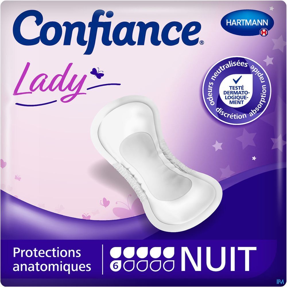 Protection anatomique. Confiance Lady. Protection nuit. Testé dermatologiquement. 6 gouttes.