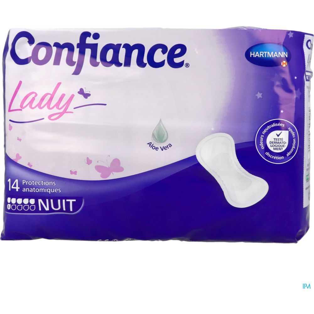 Paquet de protections anatomiques. Confiance Lady. Protection nuit. 14 unités. Avec Aloe Vera.