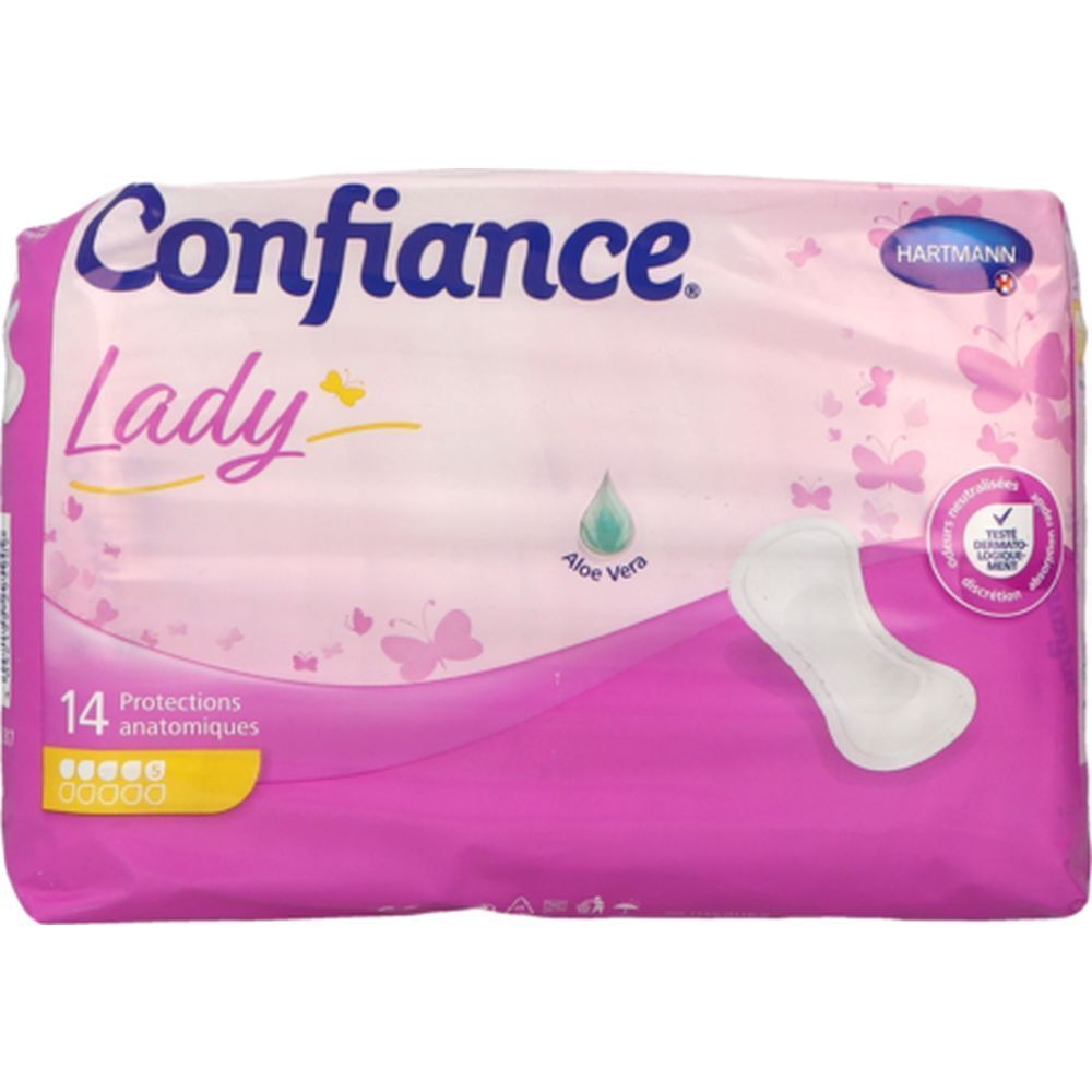 Paquet de protections anatomiques Confiance Lady. 14 protections. Avec Aloe Vera. Design rose et blanc. Marque Hartmann.