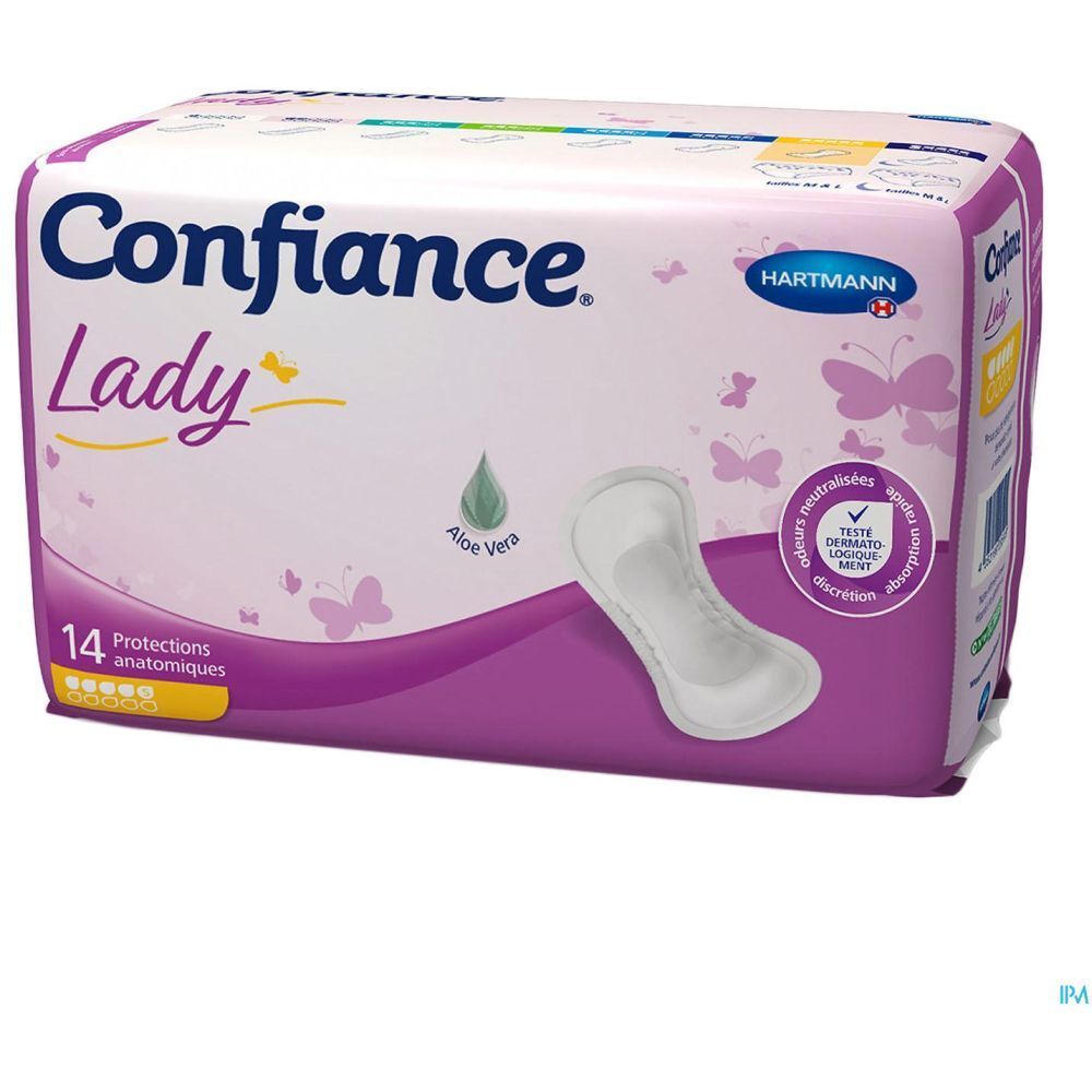 Paquet de protections Confiance Lady. 14 pièces. Avec Aloe Vera. Design rose et blanc. Marque Hartmann. Certification.