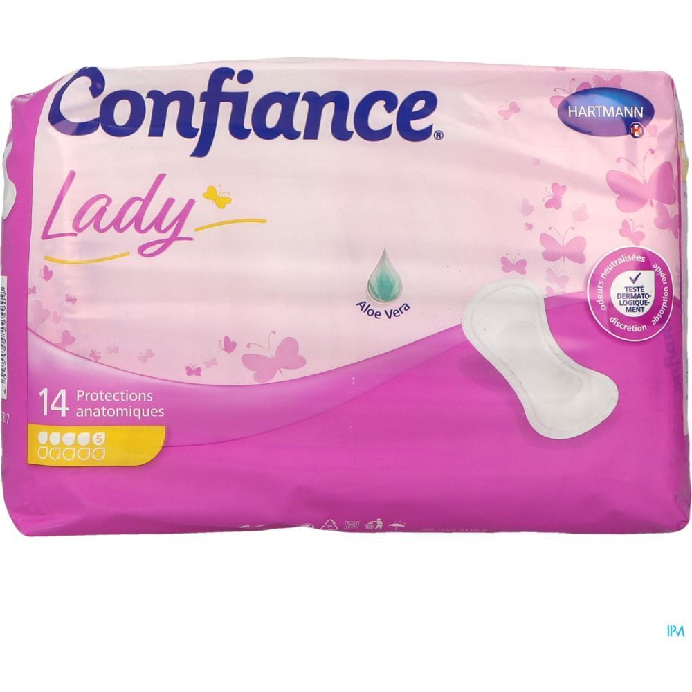 Paquet de protections Confiance Lady. 14 pièces. Avec Aloe Vera. Design rose et blanc. Marque Hartmann. Certification.