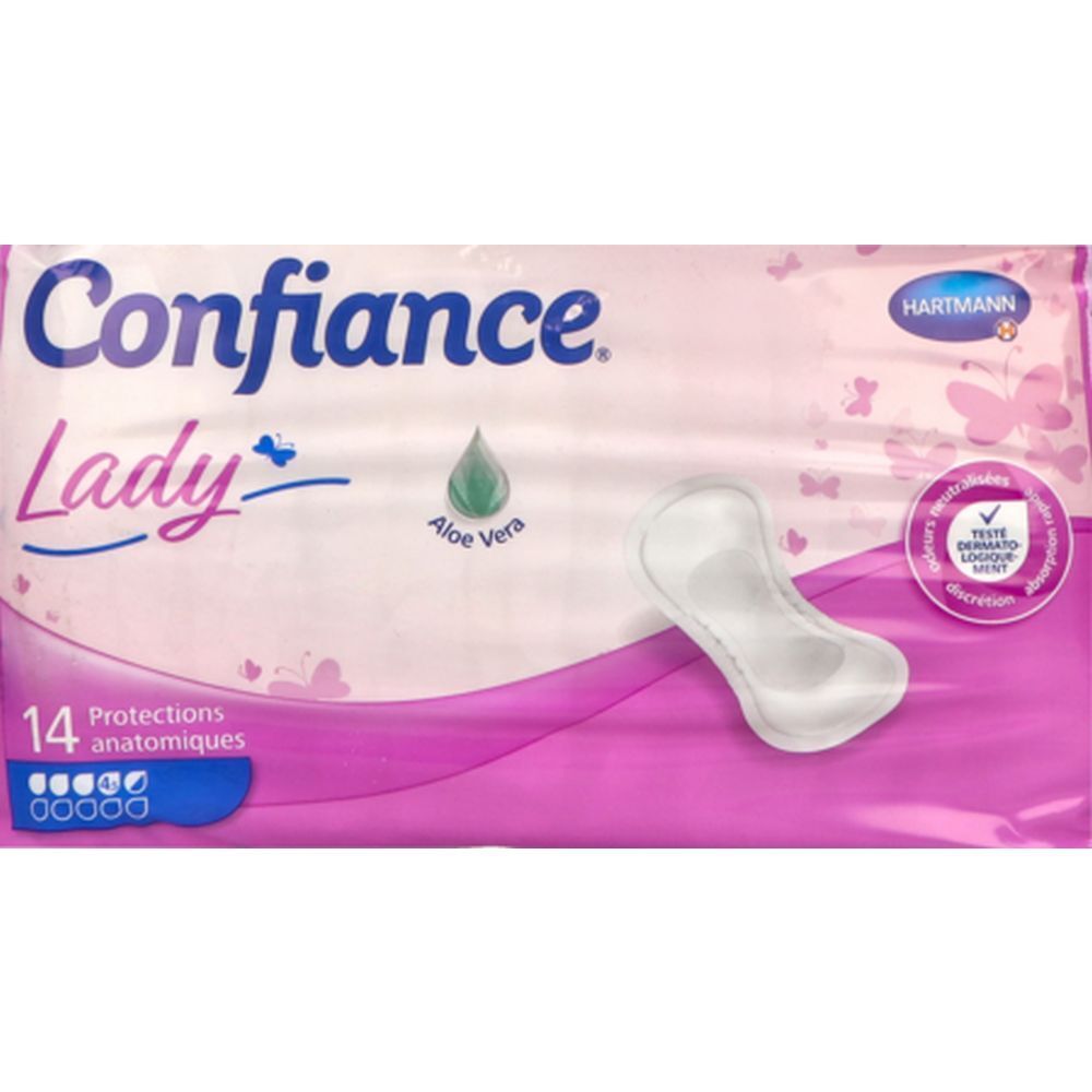 Paquet de protections anatomiques. Marque : Confiance Lady. Avec Aloe Vera. Testé dermatologiquement. 14 pièces.
