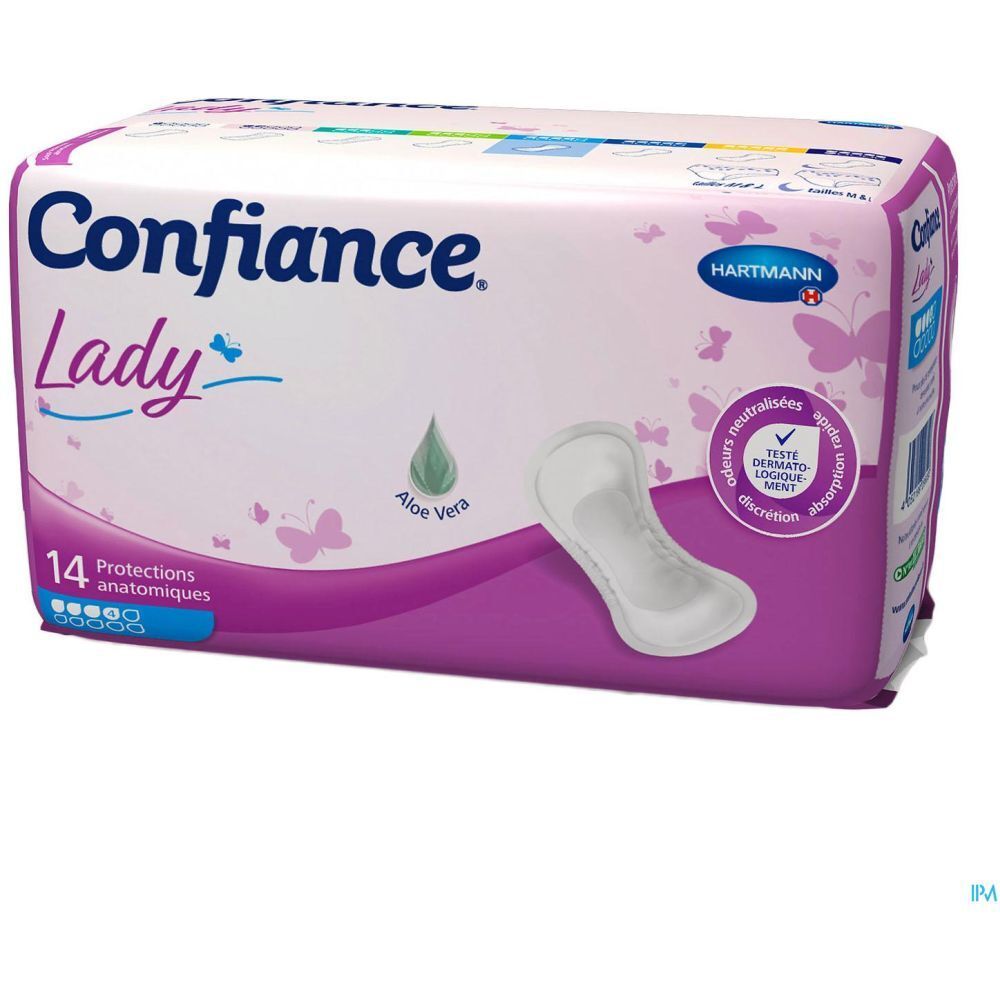 Paquet de protections anatomiques. Marque : Confiance Lady. Avec Aloe Vera. Testé dermatologiquement. 14 pièces.
