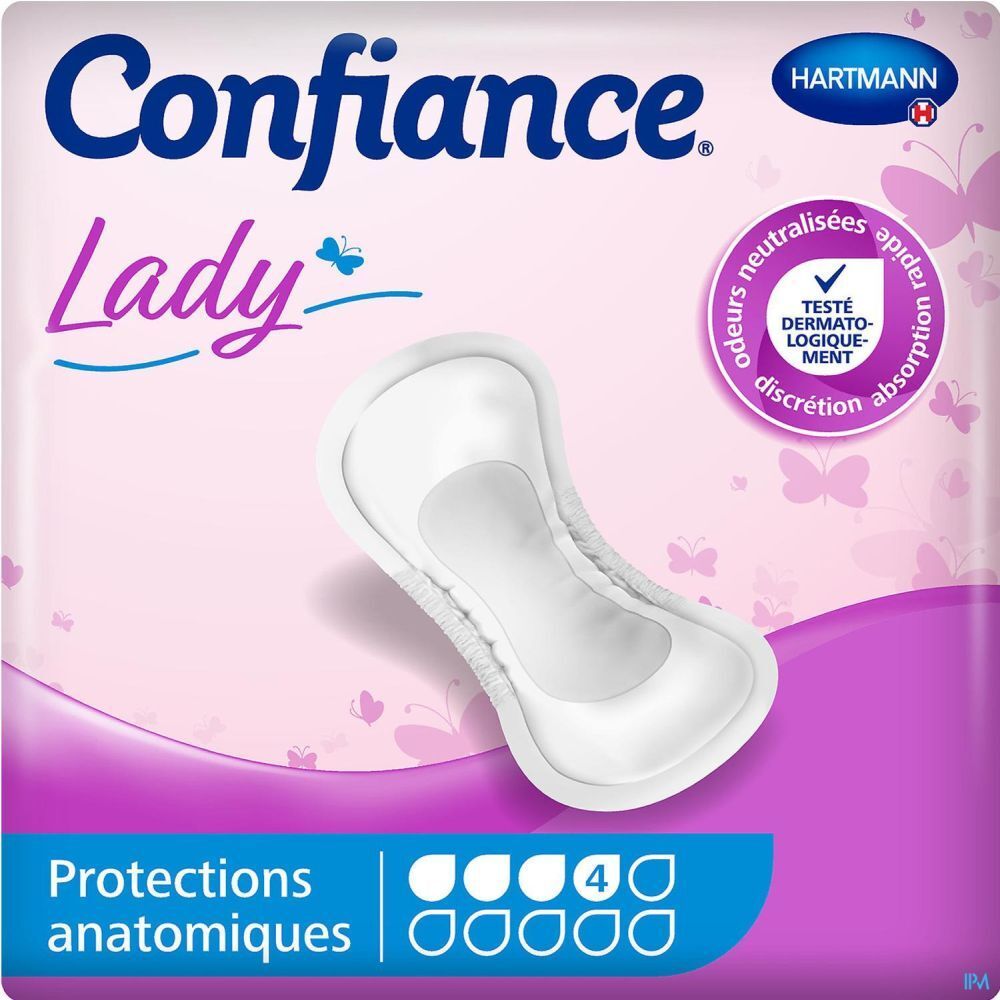Protection anatomique. Emballage rose avec produit et logo. Marque : Confiance Lady. Testé dermatologiquement.