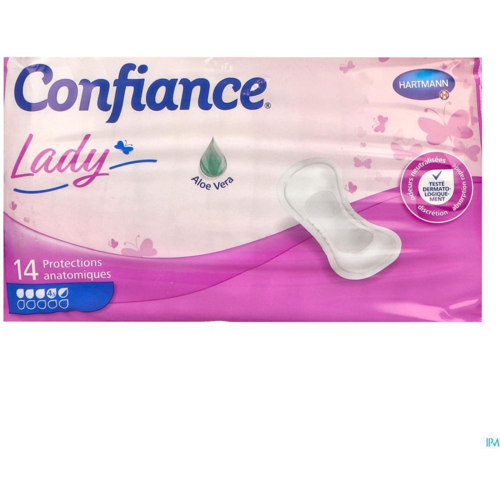 Paquet de protections anatomiques. Marque : Confiance Lady. Avec Aloe Vera. Testé dermatologiquement. 14 pièces.