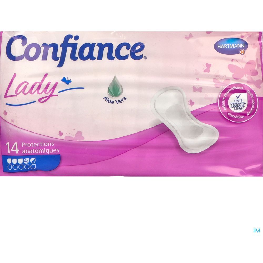 Paquet de protections anatomiques. Marque : Confiance Lady. Avec Aloe Vera. Testé dermatologiquement. 14 pièces.