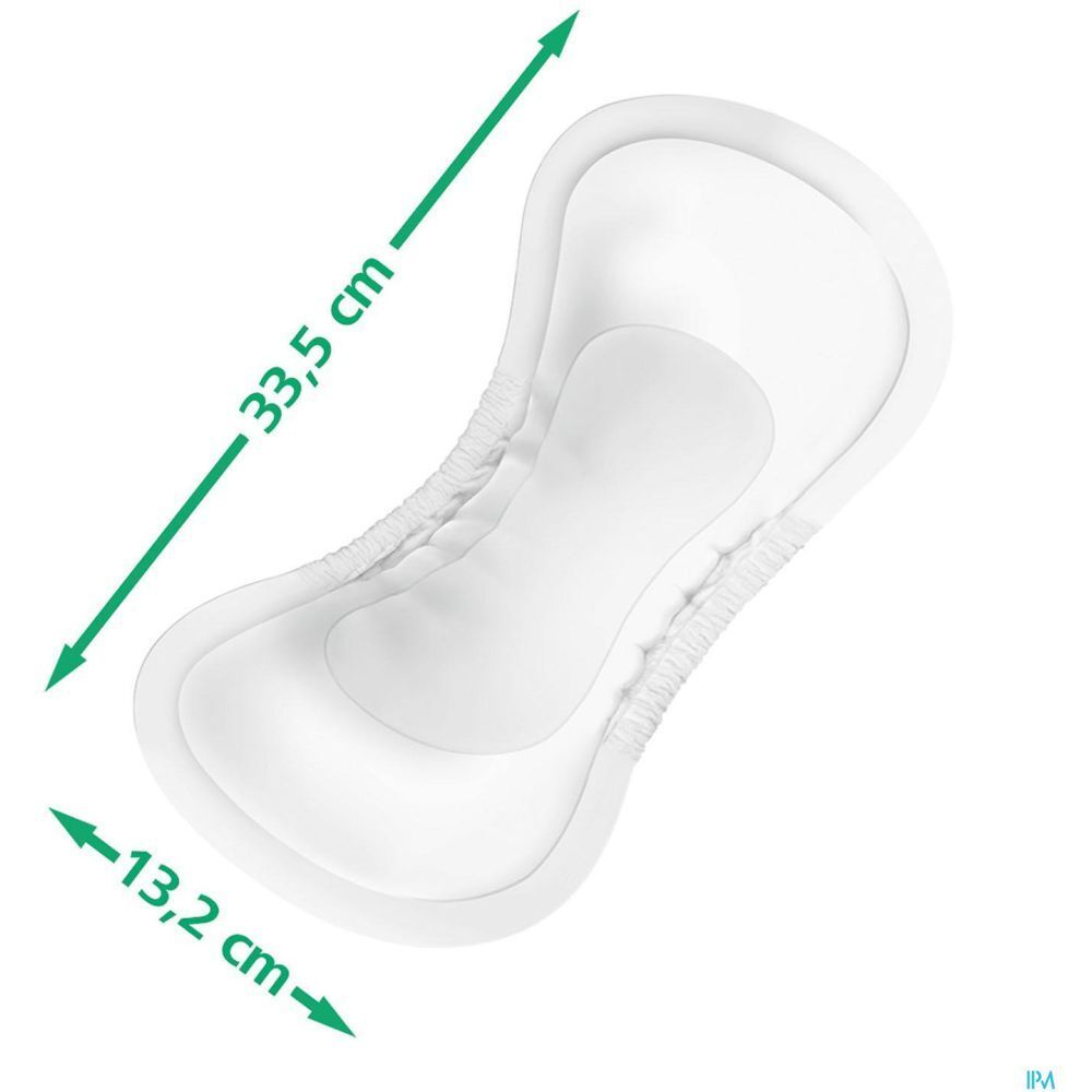 Protection anatomique. Dimensions : 33,5 cm x 13,2 cm. Surface absorbante blanche. Avec découpes latérales.