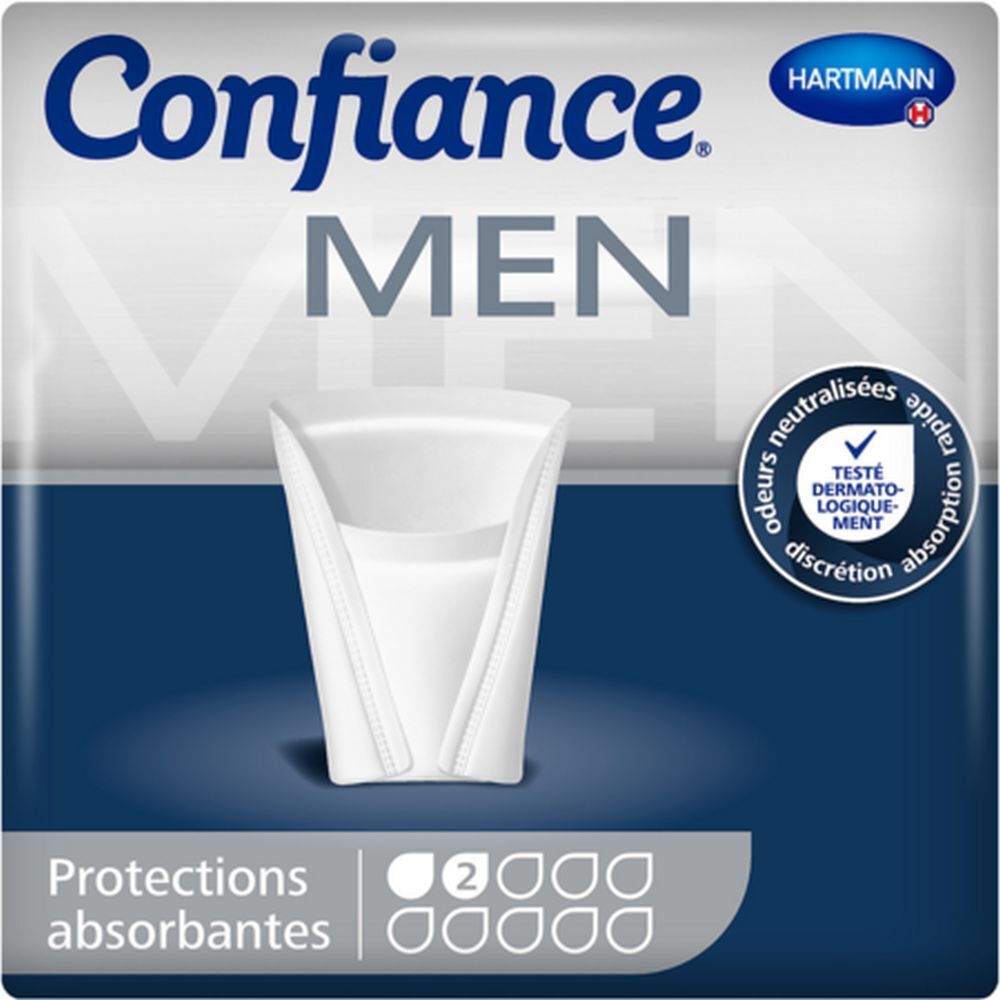 Protection absorbante blanche, forme coquille. Inscription: Confiace MEN, Hartmann. Indications de test et d'absorption.