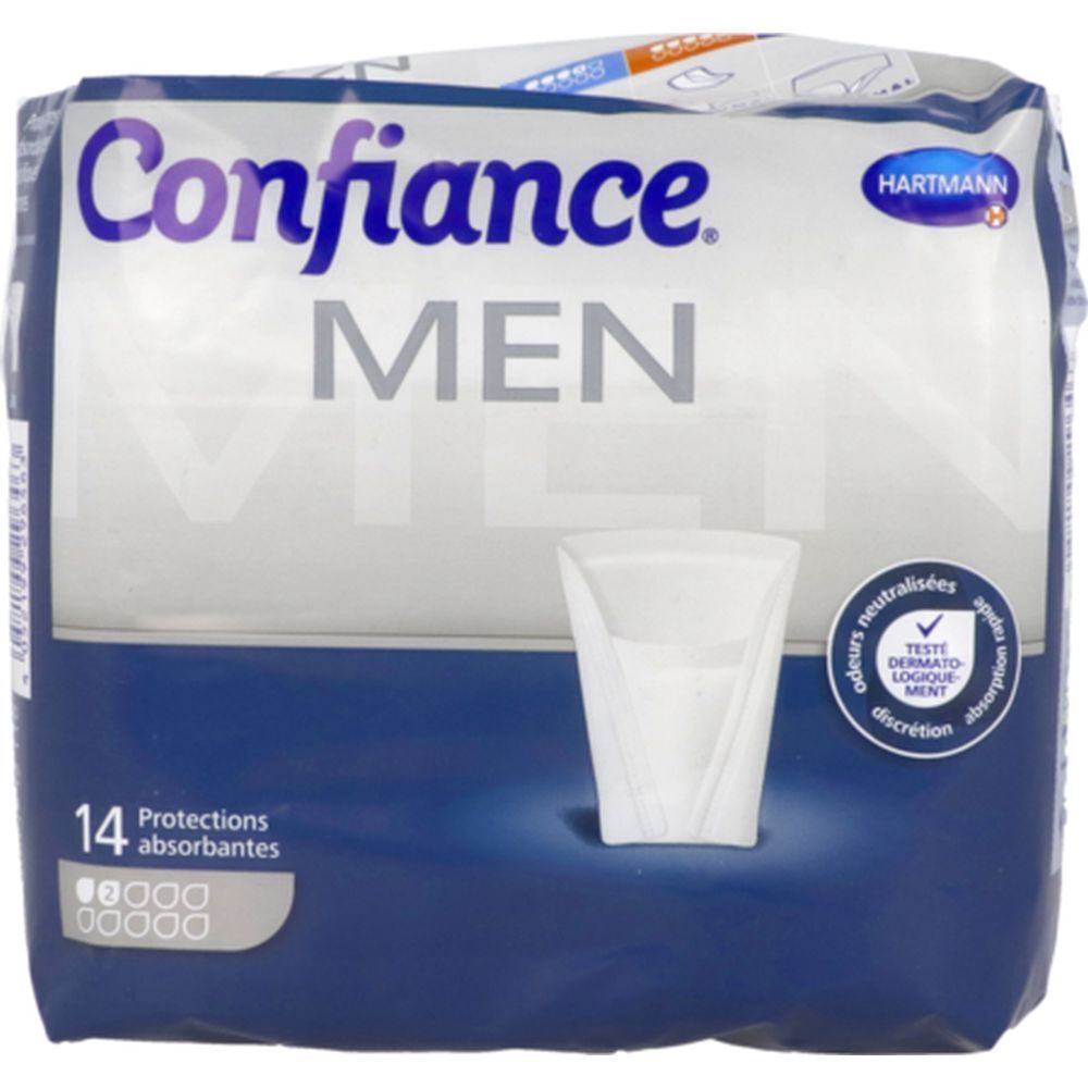 Paquet de 14 protections. Inscription: Confiace MEN, Hartmann. Forme anatomique. Indications de test et d'absorption.