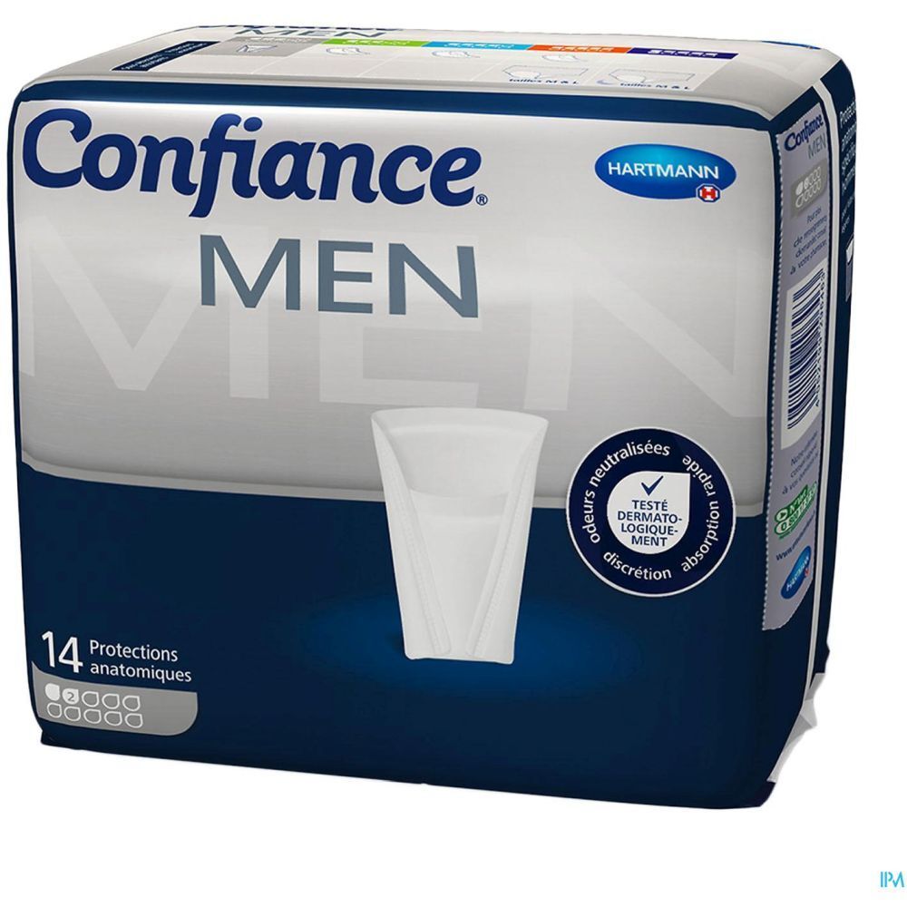 Boîte de 14 protections. Inscription: Confiace MEN, Hartmann. Forme anatomique. Indications de test et d'absorption.