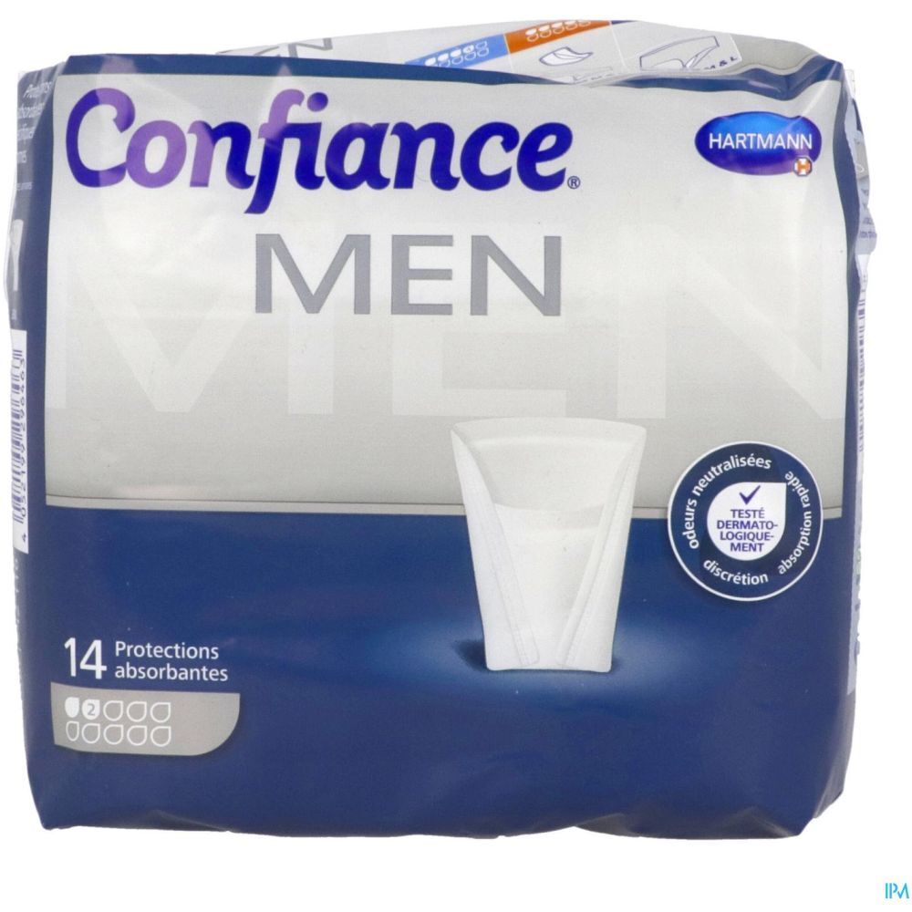 Paquet de 14 protections. Inscription: Confiace MEN, Hartmann. Forme anatomique. Indications de test et d'absorption.