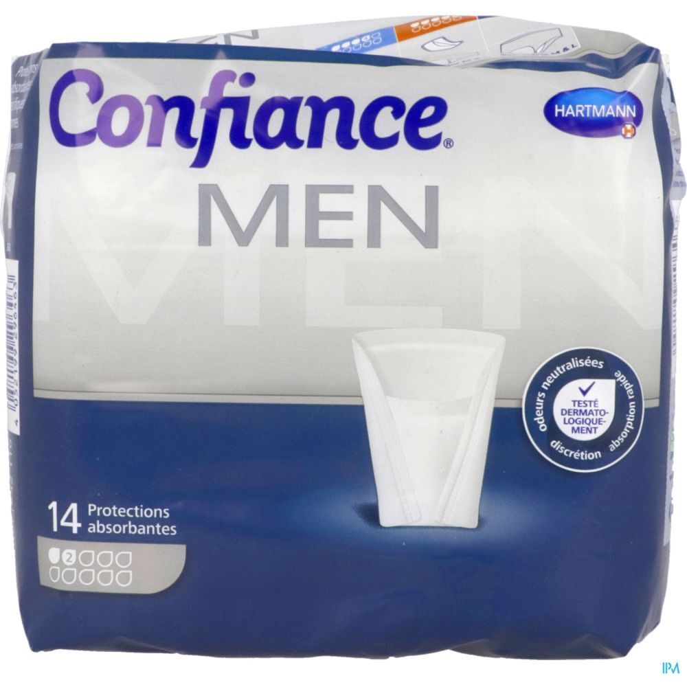 Paquet de 14 protections. Inscription: Confiace MEN, Hartmann. Forme anatomique. Indications de test et d'absorption.