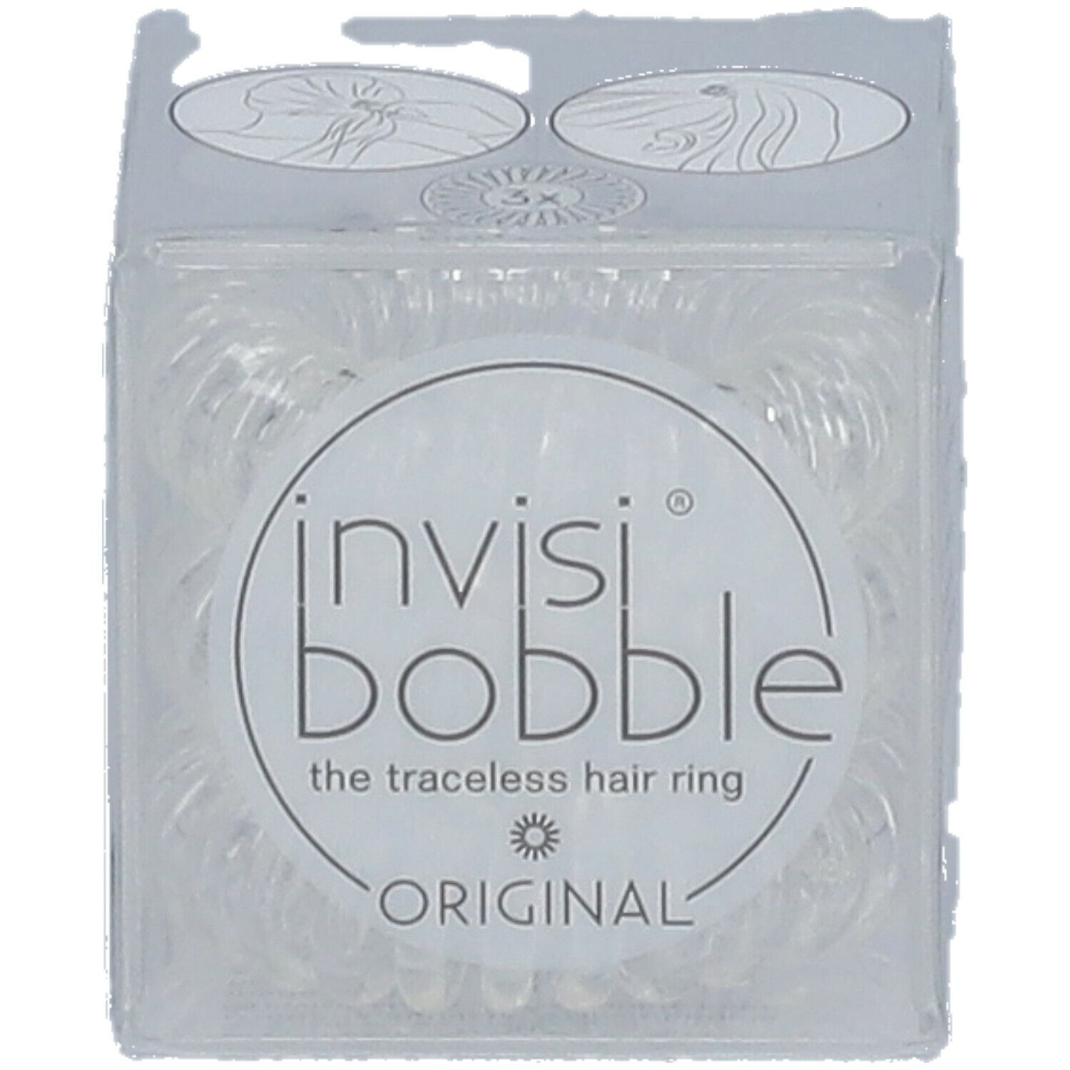 Klare, spiralförmige Haargummis in einer transparenten Würfelverpackung. Auf der Verpackung steht "invisibobble® ORIGINAL".