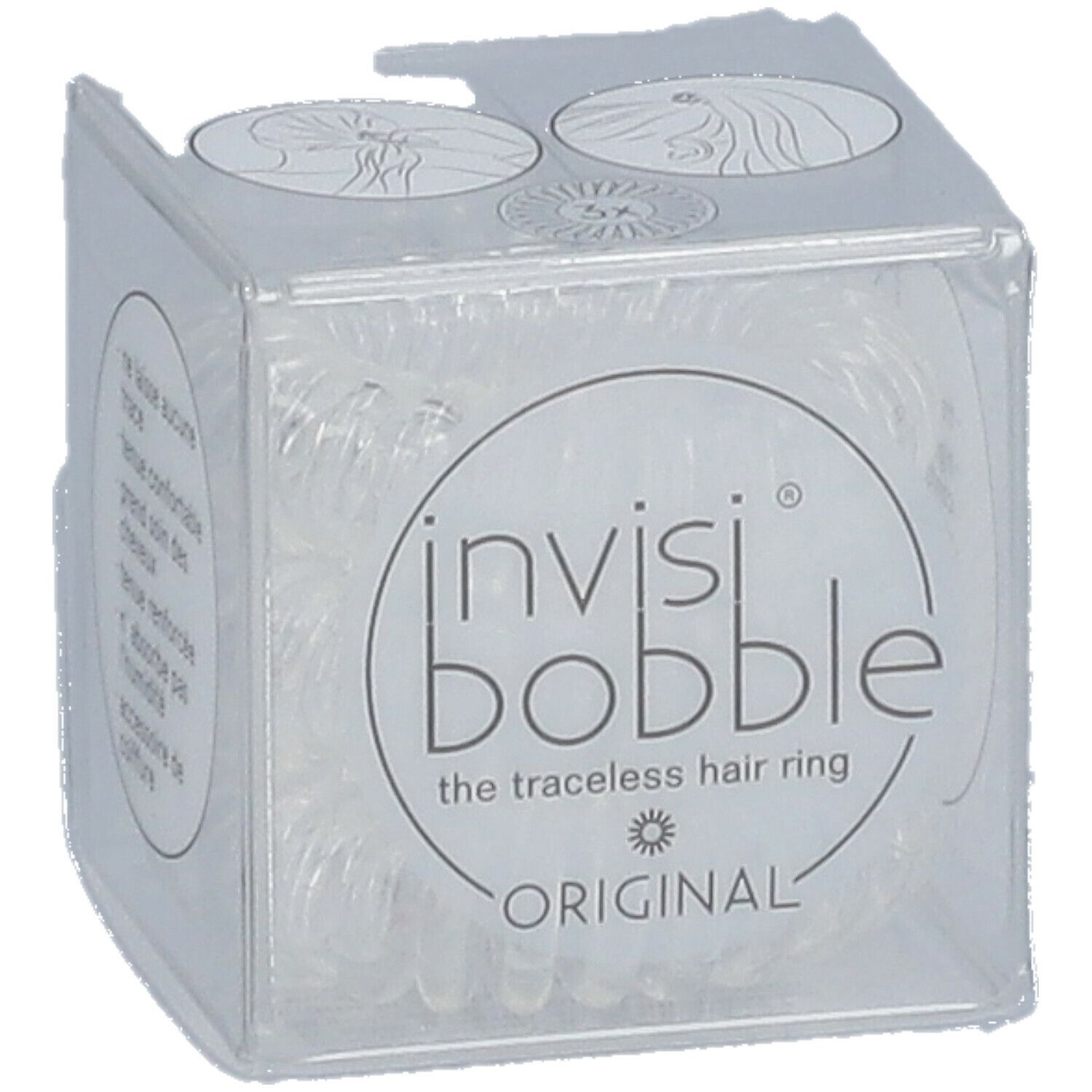 Klare, spiralförmige Haargummis in einer transparenten Würfelverpackung. Auf der Verpackung steht "invisibobble® ORIGINAL".