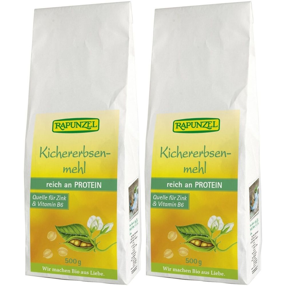 Zwei Beutel Kichererbsenmehl. Aufdruck: RAPUNZEL, Kichererbsenmehl, reich an PROTEIN, Quelle für Zink & Vitamin B6, 500g.