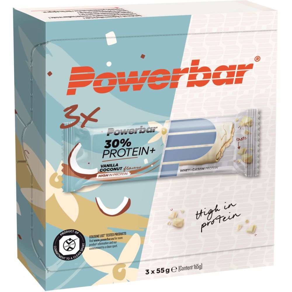 Verpackung von PowerBar Protein Plus Riegeln. Aufdruck: 3x, 30% Protein+, Vanille Kokosnuss, hoher Proteingehalt. Enthält 3 Riegel.