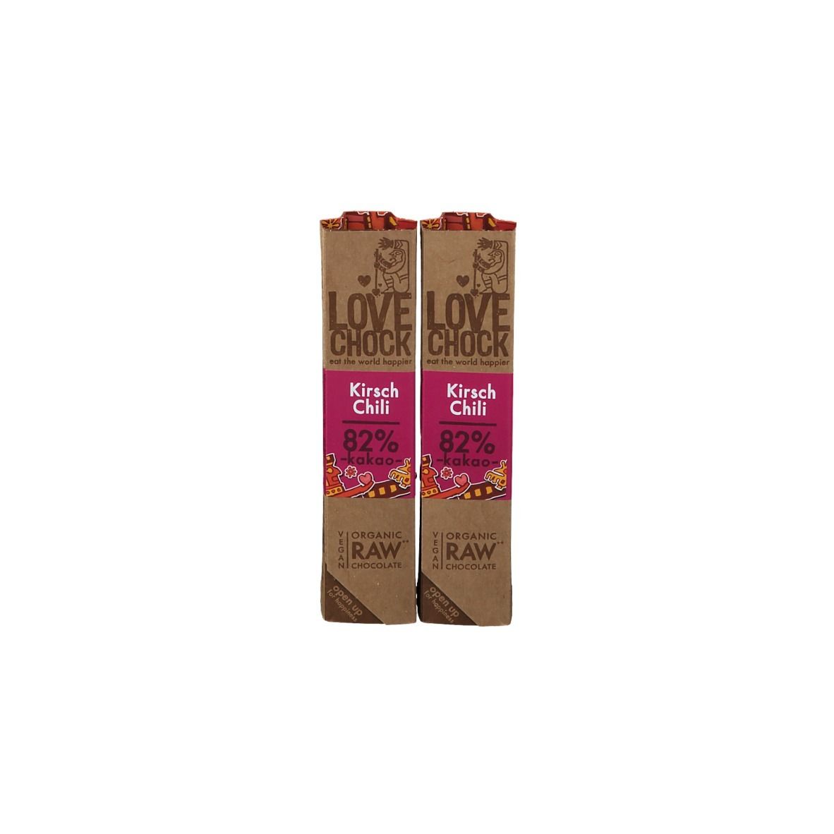 Zwei Schokoriegel mit brauner Verpackung. Aufschrift: LOVE CHOCK, Kirsch Chili, 82% Kakao.  Zertifizierung: ORGANIC RAW.