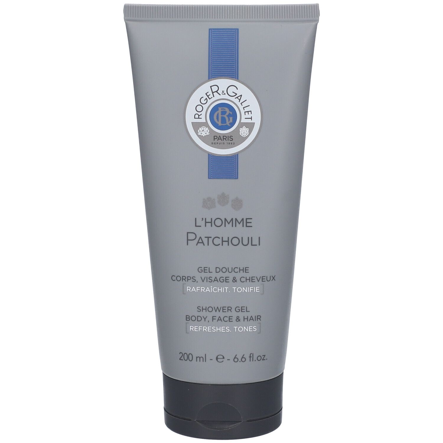 Tube gris Roger & Gallet L'Homme Patchouli. Texte : Gel Douche, Shower Gel. Contenance : 200 ml.