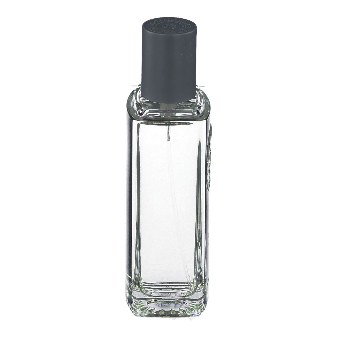 Flacon transparent avec bouchon gris. Vaporisateur visible. Étiquette avec logo et texte.
