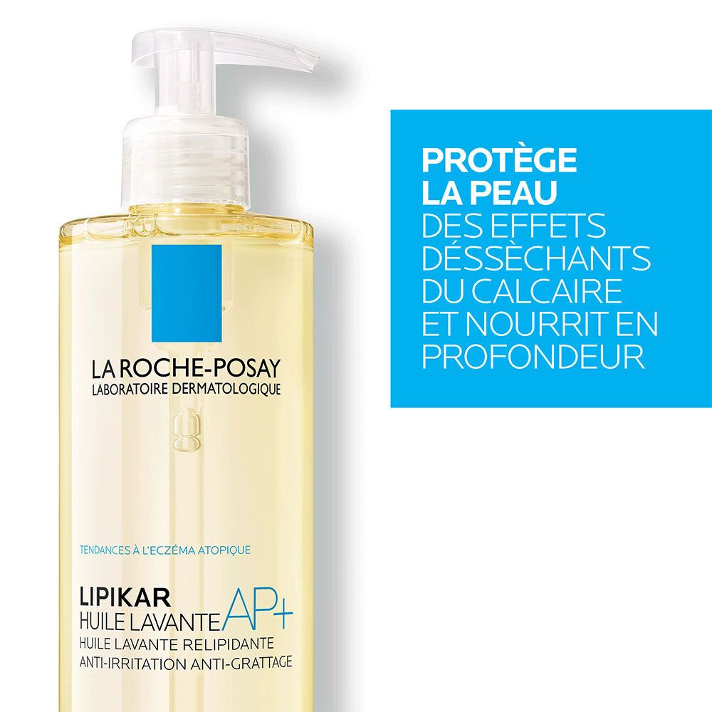 La Roche-Posay Lipikar AP+ Öl. Flasche mit Pumpe. Text auf blauem Hintergrund: Schützt die Haut vor Austrocknung.