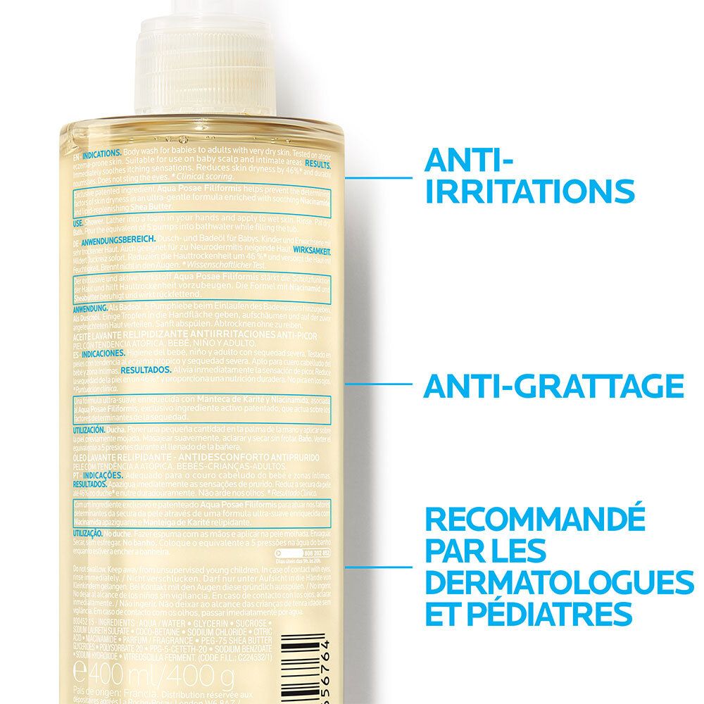 La Roche-Posay Lipikar AP+ Öl. Rückseite der Flasche. Textabschnitte mit Hervorhebungen. Empfohlen von Dermatologen.