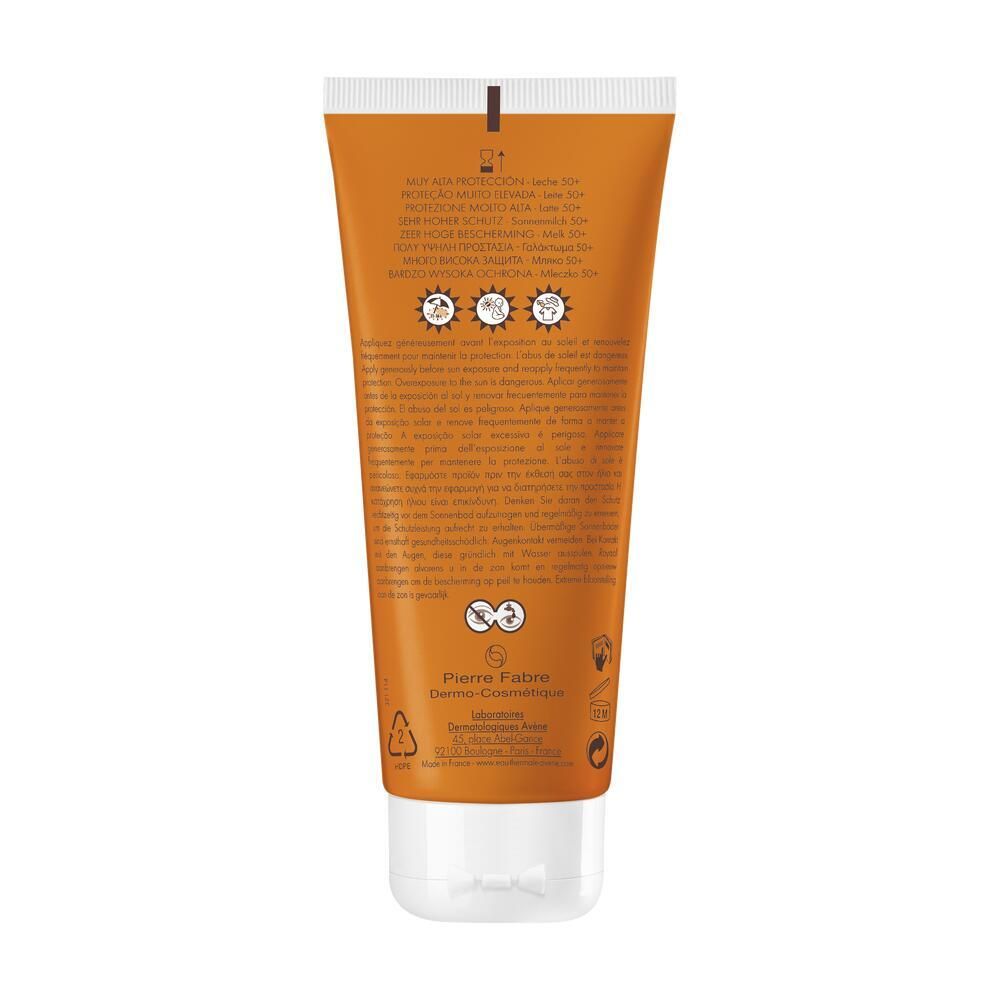 Tube de crème solaire orange, bouchon blanc. Texte: Pierre Fabre, informations. Protection solaire LSF 50+.