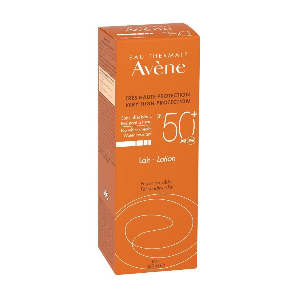 Boîte orange. Texte: Eau Thermale Avène, Très Haute Protection, SPF 50+, Lait-Lotion, Peaux sensibles.