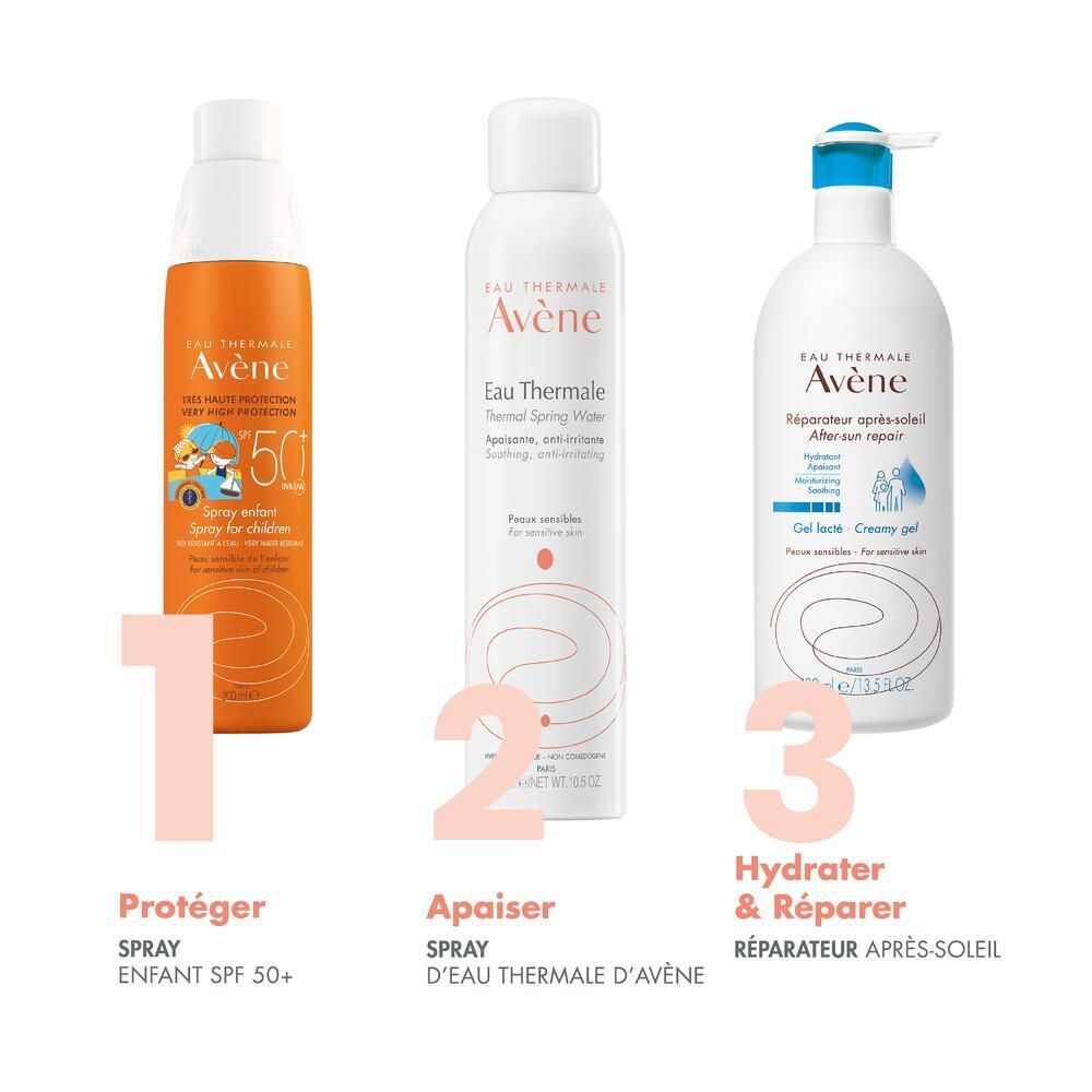 Trois produits Avene. Gauche: Spray LSF 50+ pour enfants. Milieu: Eau Thermale Spray. Droite: Gel réparateur après-soleil.
