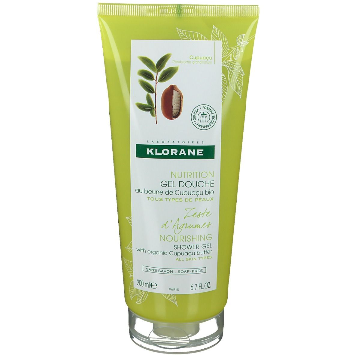 Grüne Tube KLORANE Zitrusschalen-Duschgel. Vorderseite mit Produktnamen, Illustrationen und Text. 200ml.