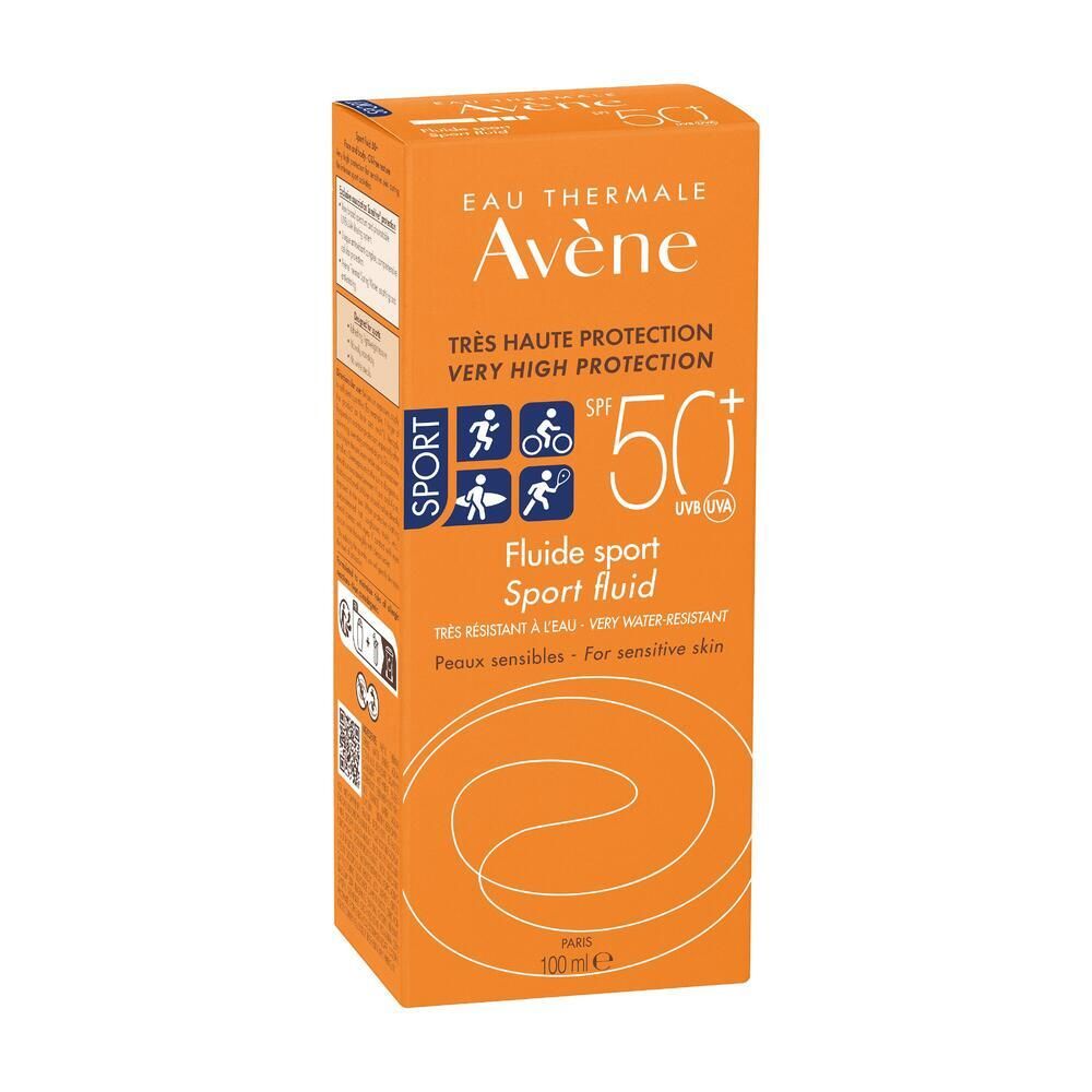 Orangefarbene Verpackung. Aufschrift: Eau Thermale Avène, Sport, SPF 50+. 100 ml. Text und Logos.