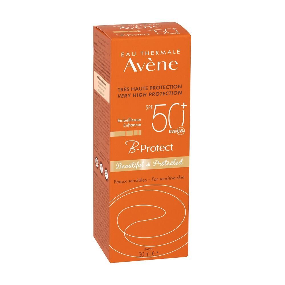 Orangefarbene Schachtel. Aufschrift: Eau Thermale Avène, SPF 50+, B-Protect. Für empfindliche Haut. 30 ml.