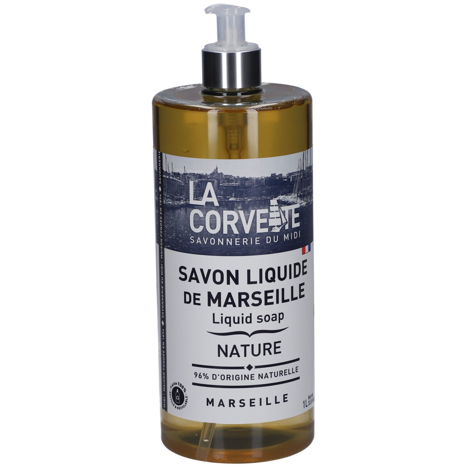Transparante fles vloeibare zeep met pomp. Het etiket toont "LA CORVETTE Savon liquide de Marseille nature".