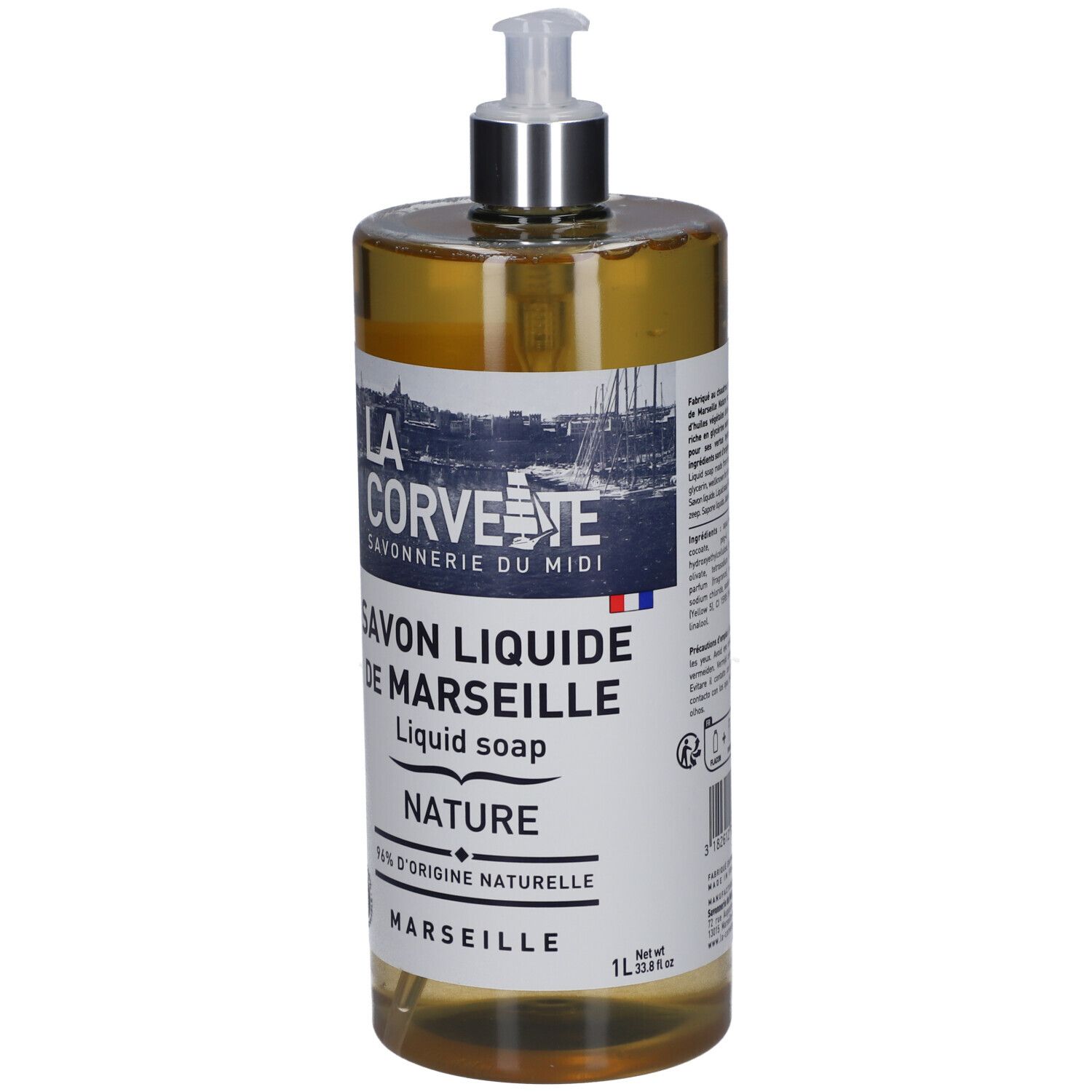 Transparante fles vloeibare zeep met pomp. Het etiket toont "LA CORVETTE Savon liquide de Marseille nature".