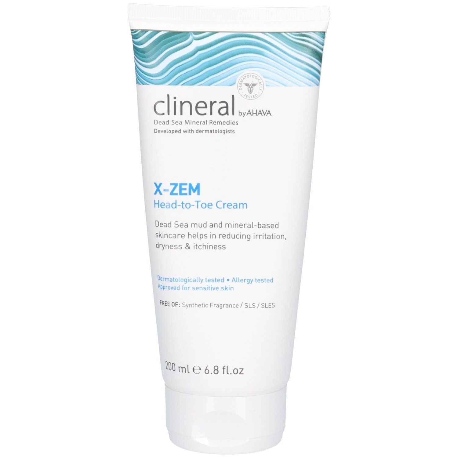 Creme-Tube Clineral X-ZEM Head-to-Toe. Weiß, mit blauer Wellen-Grafik. Produktname und Text in Schwarz und Blau.
