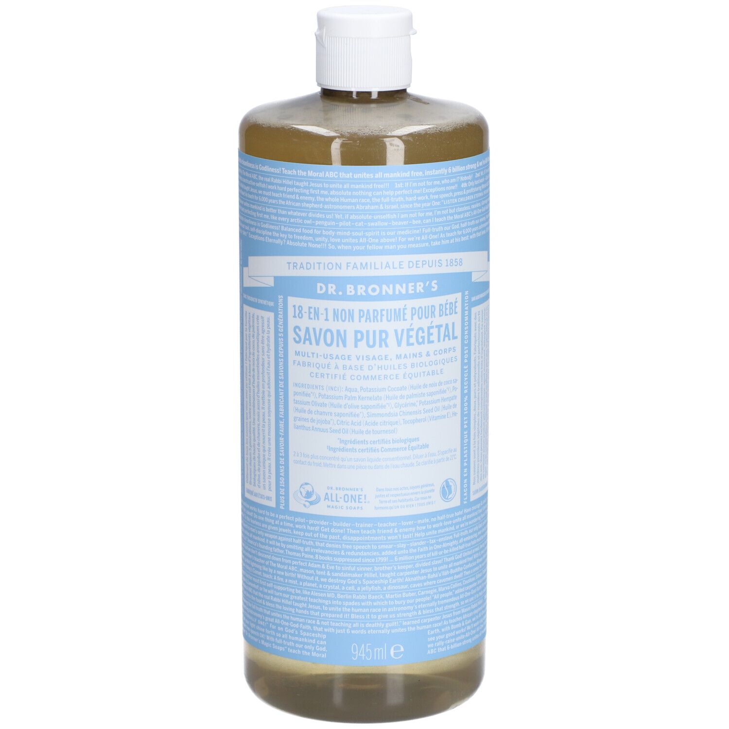 Bouteille de savon pour bébé DR.BRONNER'S. Étiquettes bleu clair avec texte. Bouchon blanc. Liquide transparent.