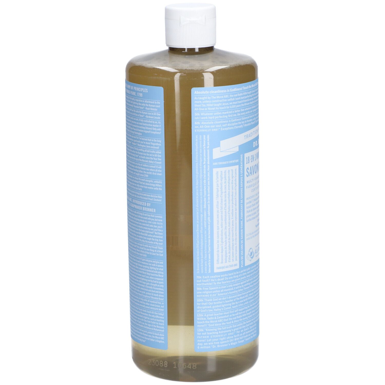 Vue latérale du savon pour bébé DR.BRONNER'S. Étiquettes bleu clair avec texte. Bouchon blanc. Liquide transparent.