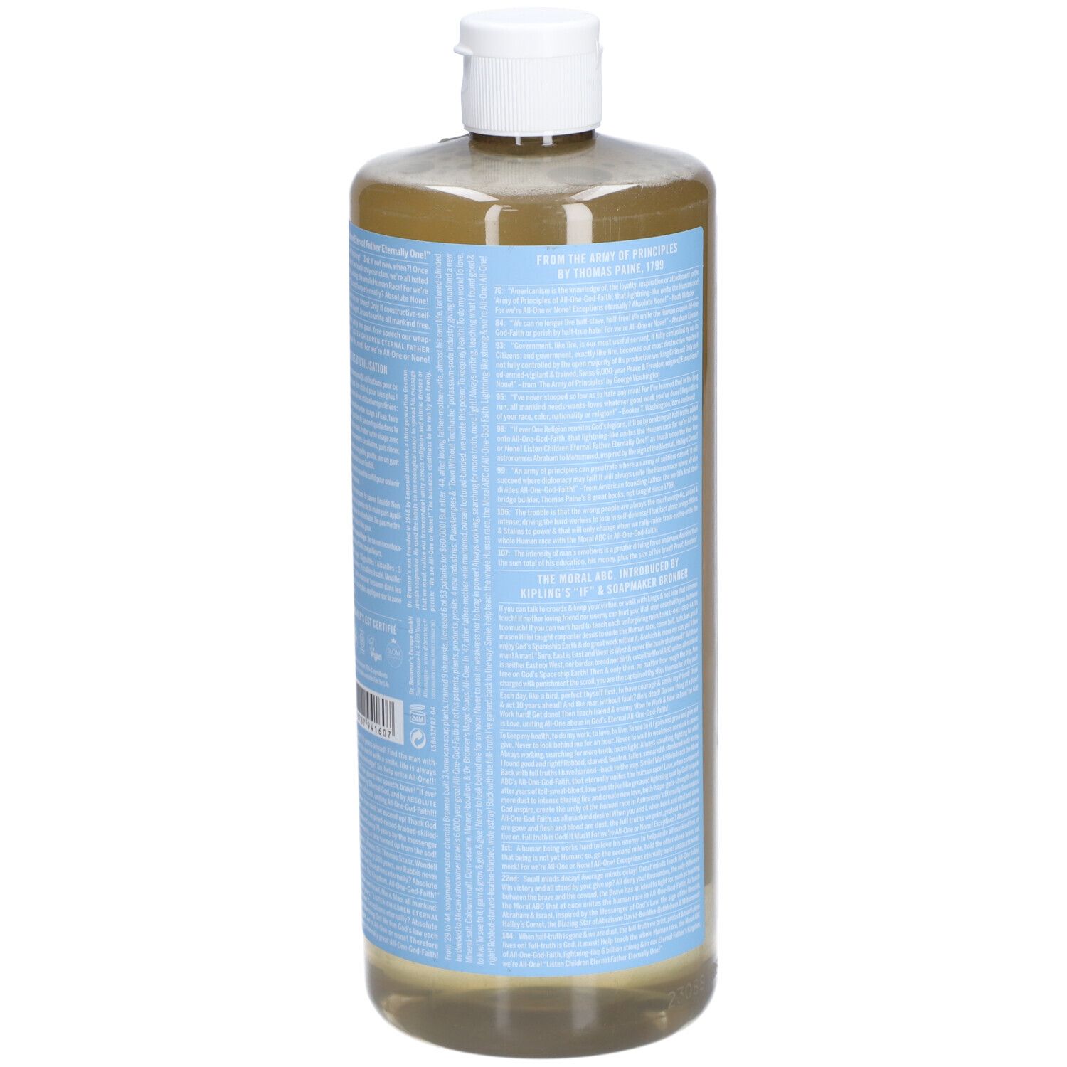 Vue latérale du savon pour bébé DR.BRONNER'S. Étiquettes bleu clair avec texte. Bouchon blanc. Liquide transparent.