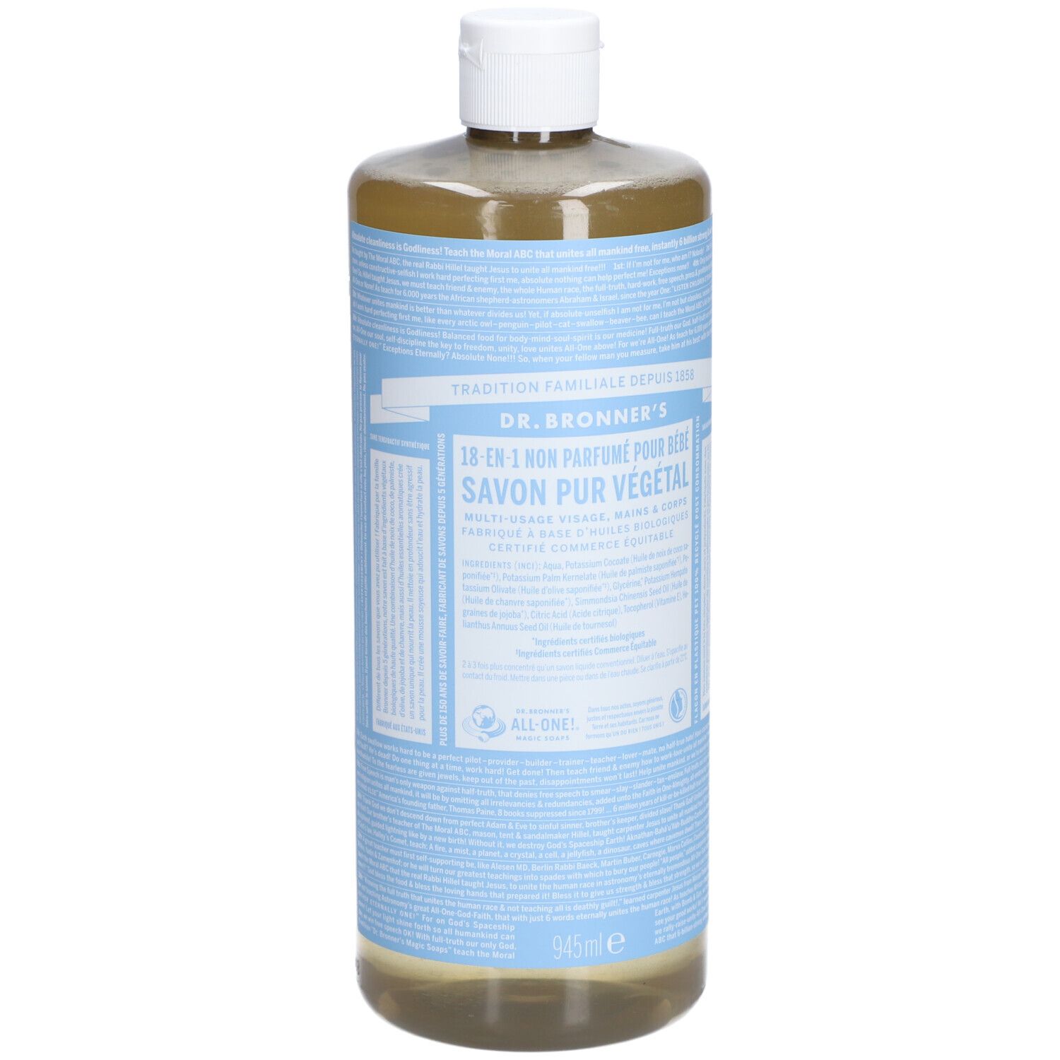 Bouteille de savon pour bébé DR.BRONNER'S. Étiquettes bleu clair avec texte. Bouchon blanc. Liquide transparent.