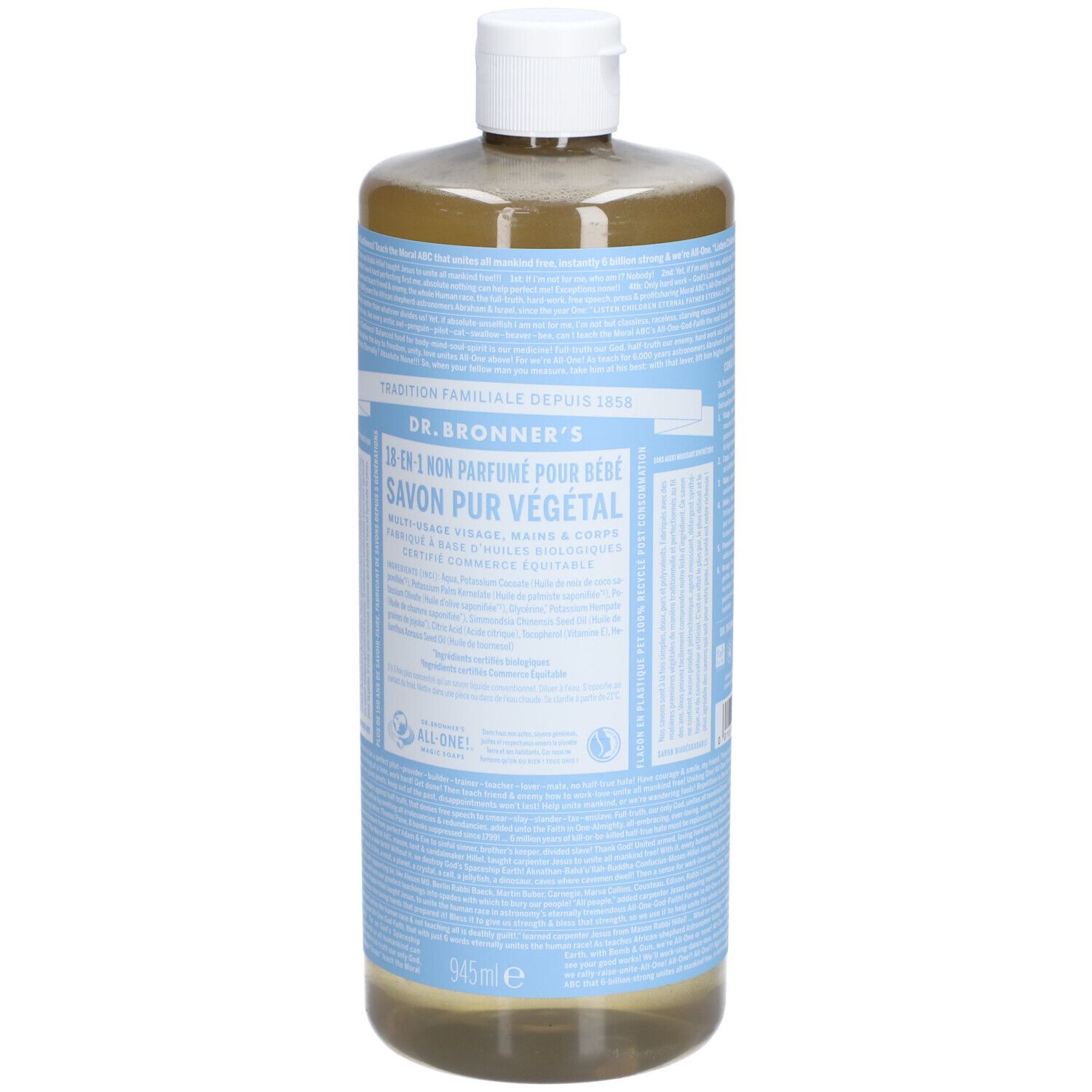 Bouteille de savon pour bébé DR.BRONNER'S. Étiquettes bleu clair avec texte. Bouchon blanc. Liquide transparent.