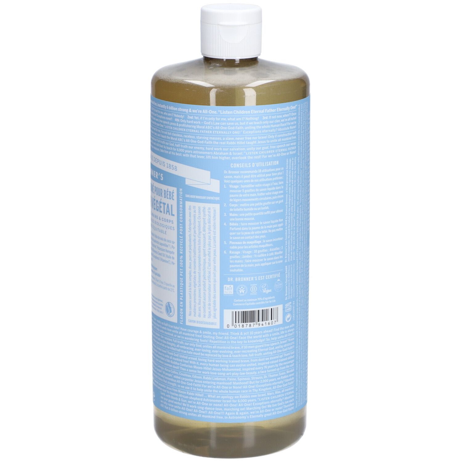 Vue latérale du savon pour bébé DR.BRONNER'S. Étiquettes bleu clair avec texte. Bouchon blanc. Liquide transparent.