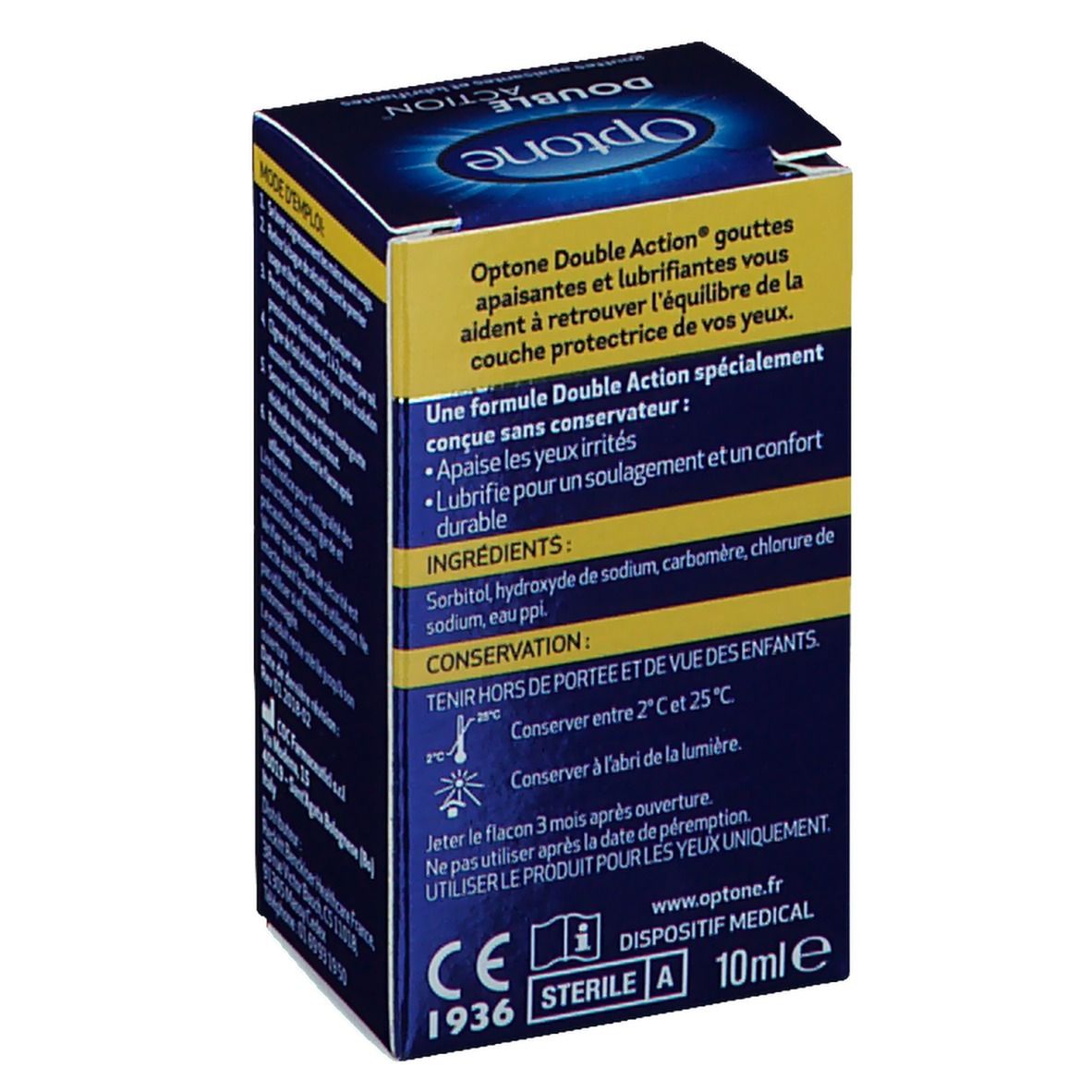 Boîte en carton pour gouttes oculaires. Inscription: Optone Double Action. Informations produit et ingrédients au dos.