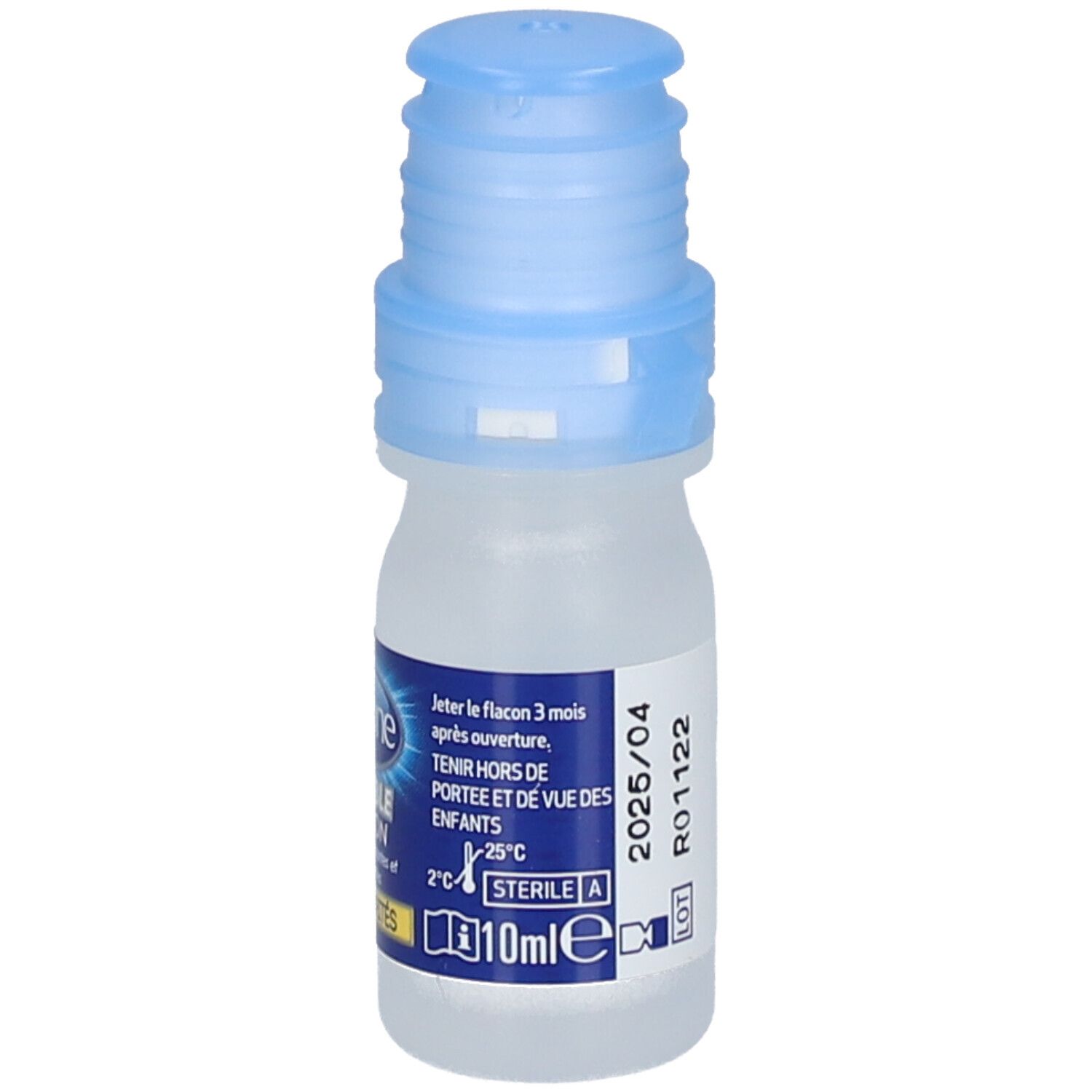 Flacon de gouttes oculaires avec bouchon bleu. Inscription: Optone Double Action, 10ml. Date de péremption et lot.